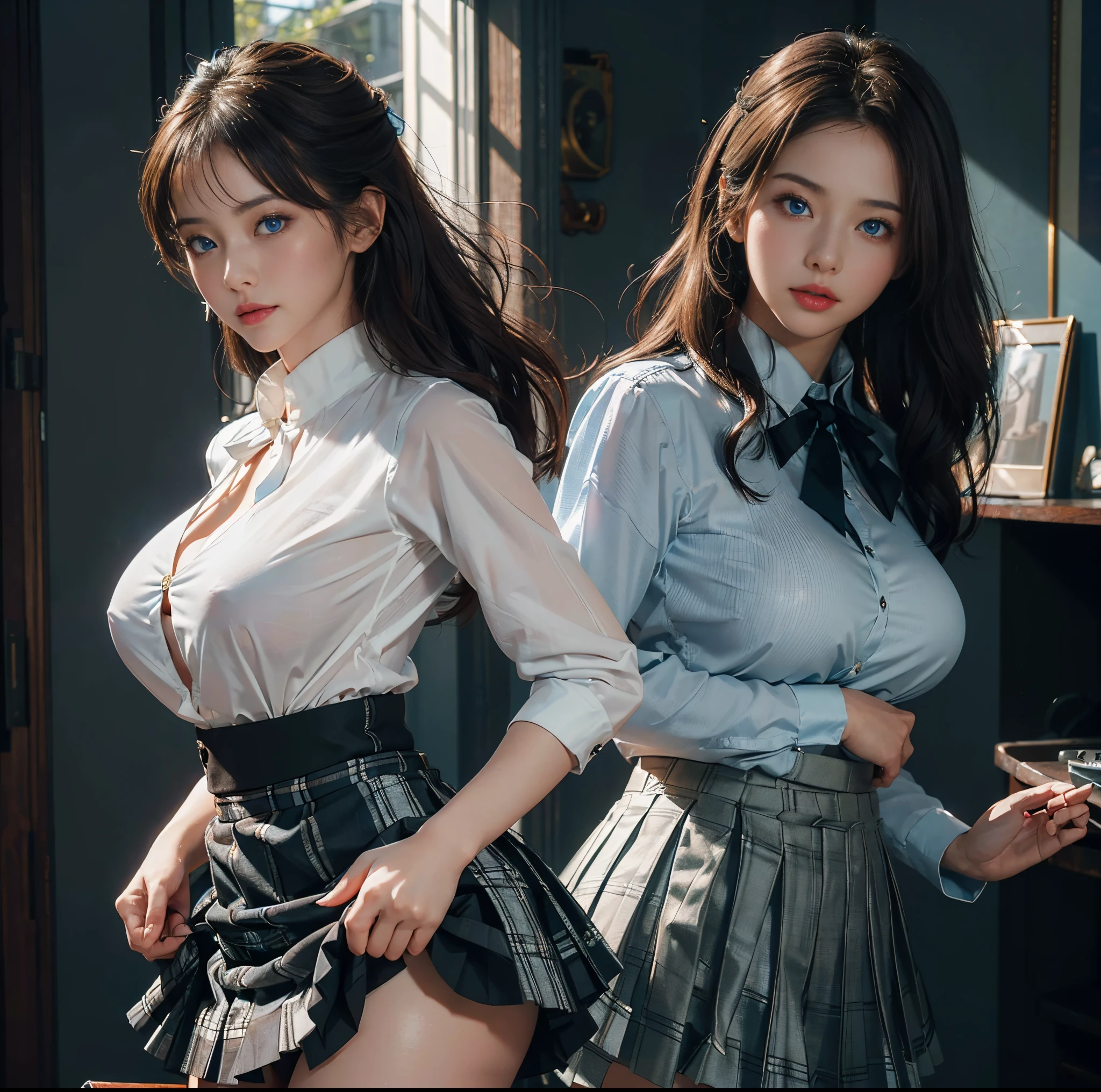 top-quality, 8K picture quality, masterpiece, Professional lighting without shadows, A hyper-realistic, perfect anatomia, (Two girls:1.2), (with perfect body、Colossal breasts with tension:1.2), Bright whitening skin, (Her bright, Beautiful blue eyes with plump red tear bags reflect a lot of light.:1.2)、 A deep red ribbon tie is wrapped around the collar.、Made of ultra-thin white stretch fabric that fits perfectly against your skin.、Tight and neat stretch blouse、No skin is exposed on the upper body。, Dress up with a super short mini pleated tartan check skirt., (her skirt is dramatically too short:1.5), (Proudly showing off her taut huge breasts from the front through her blouse:1.2), (Another girl on the other side pulls up her skirt and shows off her big ass from behind:1.2),