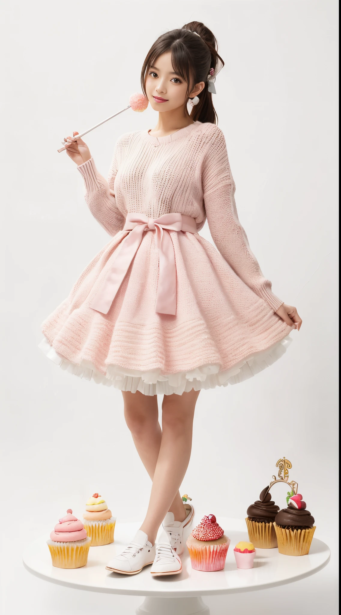 (masutepiece:1.2), (best quarity:1.2), (ultra-detailliert:1.2), Official art, Illustration, 1girl in,Happy, Solo, Full body, (Stand on the mini base:1.1025), (White background, Simple background:1.5), floating, a cake, macaroons, donut, Flutes and toys, tea set, (maximalism:0.9), pastel color, (spark of light:1.1), Cute , ((Sweaters/knit clothes)), (Have a lollipop), ((Cupcakes bigger than the character)), Girl on a plate ,Eyelashes,
