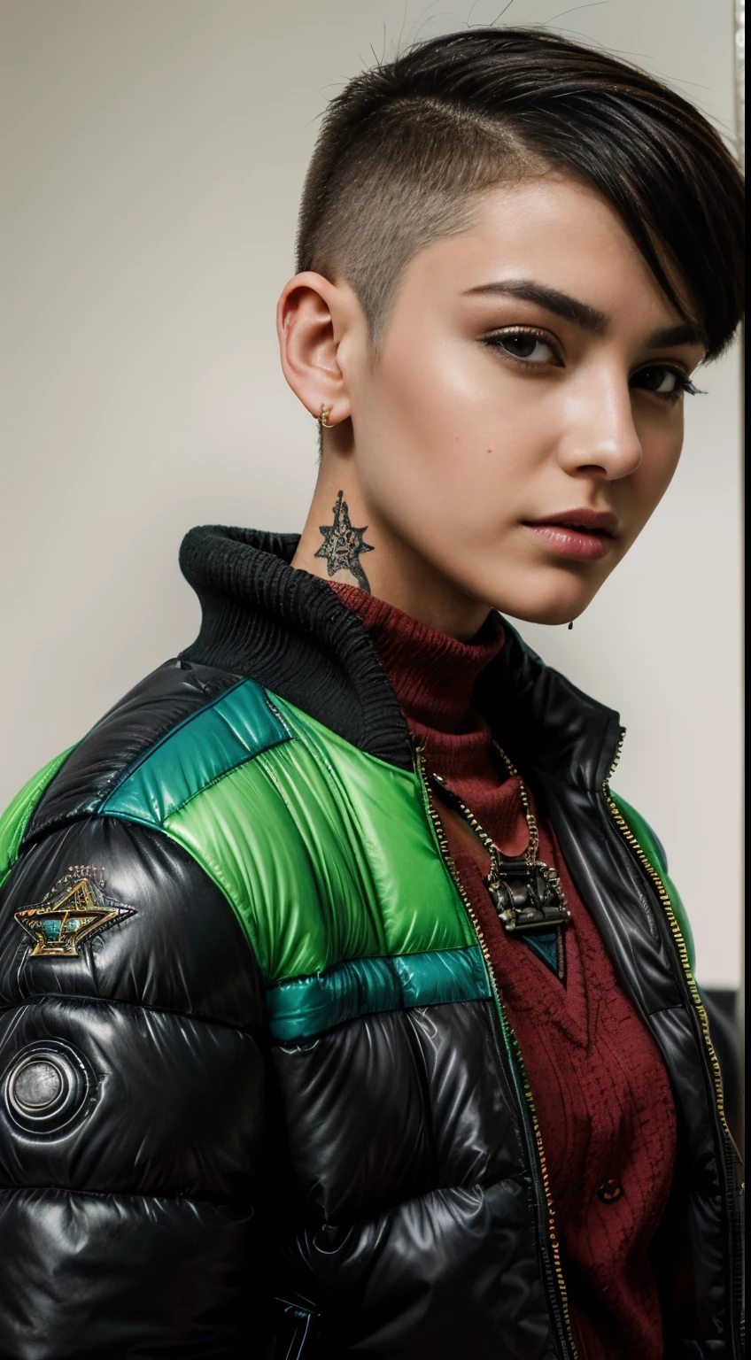 realistic,photo,35mm,cinematic(1woman with super puffer balenciaga jacket with short hair,neck tattoos)colorful background graphite,ultra sharp