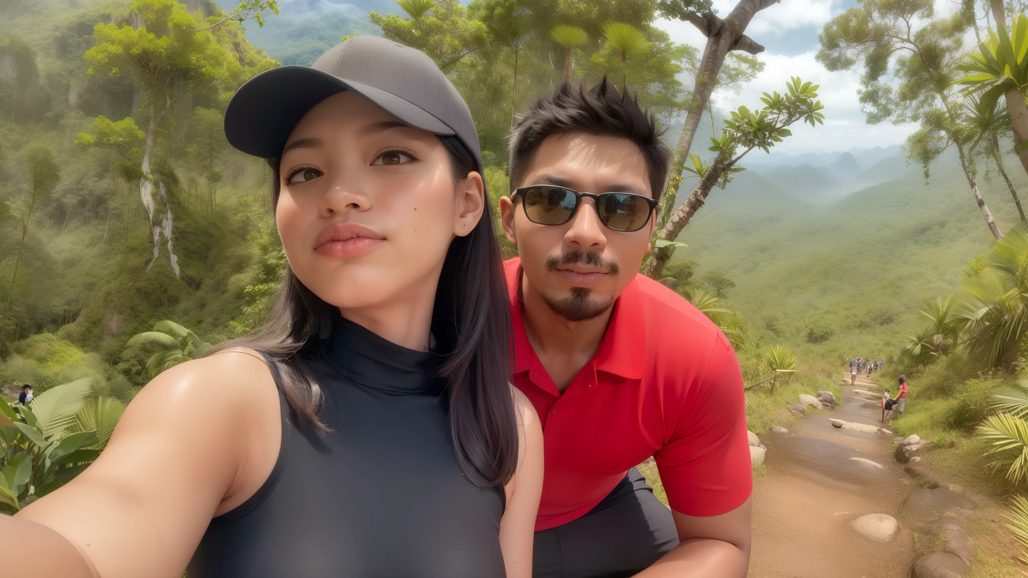 there are two people that are taking a selfie together, in jungle forest peak, in jungle forest, jungles in the background, in front of a forest background, in forest jungle, with mountains in the background, with mountains in background, in jungle, in jungle forest !!!, with mountains as background, trekking in a forest, in front of an amazing forest