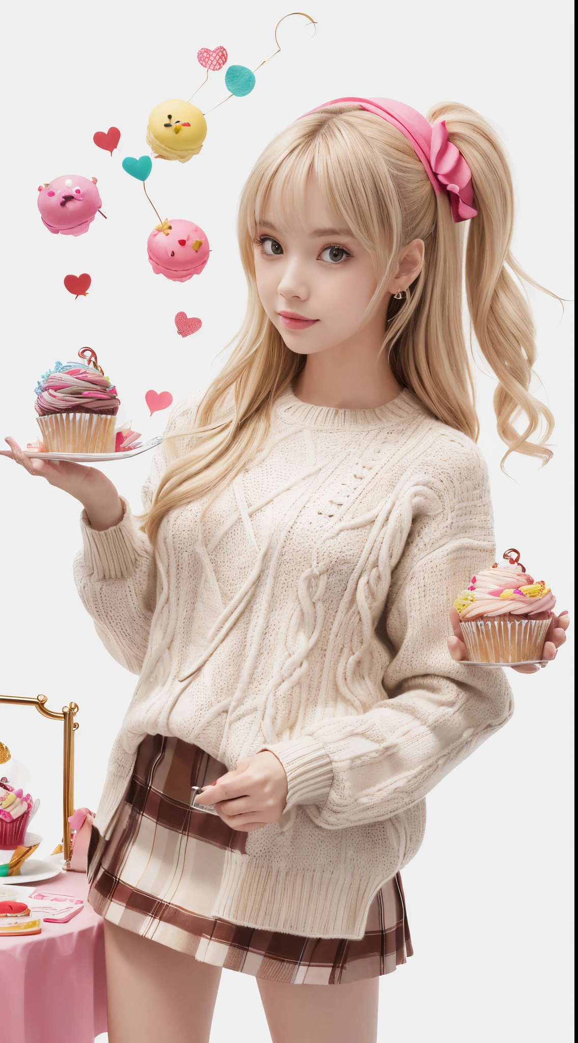 (masutepiece:1.2), (best quarity:1.2), (ultra-detailliert:1.2), Official art, Illustration, 1girl in,Happy, Solo, Full body, (Stand on the mini base:1.1025), (White background, Simple background:1.5), floating, a cake, macaroons, donut, Flutes and toys, tea set, (maximalism:0.9), pastel color, (spark of light:1.1), Cute , ((Sweaters/knit clothes)), (Have a lollipop), ((Cupcakes bigger than the character)), Girl on a plate ,Eyelashes,