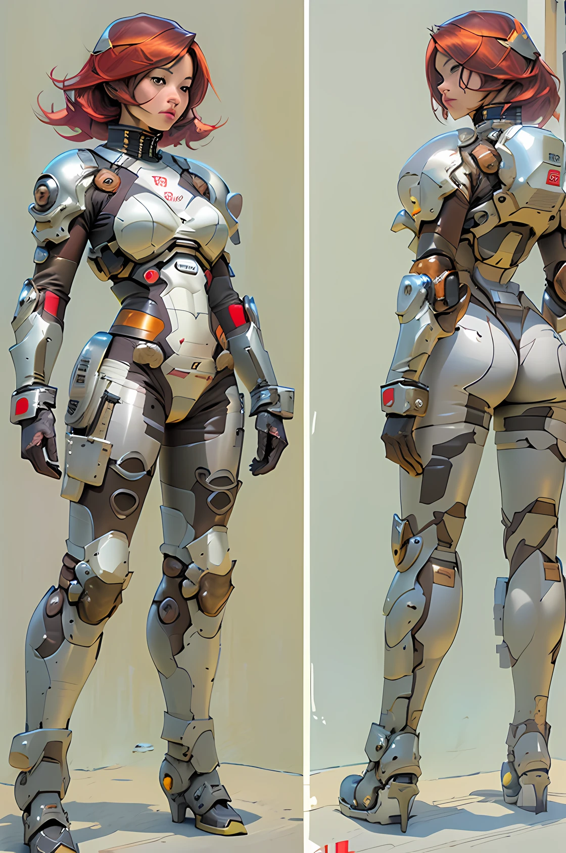 (Muscular:1.6), (thick thighs:1.5), (large round breasts:1), (large muscular chest and shoulders:1.4), FEMALE, brown hair, long brown hair, (big smile:0), (wearing a skin-tight mecha cyborg cute bodysuit:1.5), looking at viewer, (three quarter view:1.2), upper body view, (blank background:1.5), dark lighting, clean skin, detailed eyes, (dark skin:1.4), (very thin waist:1.3), (huge round muscles:1.5),