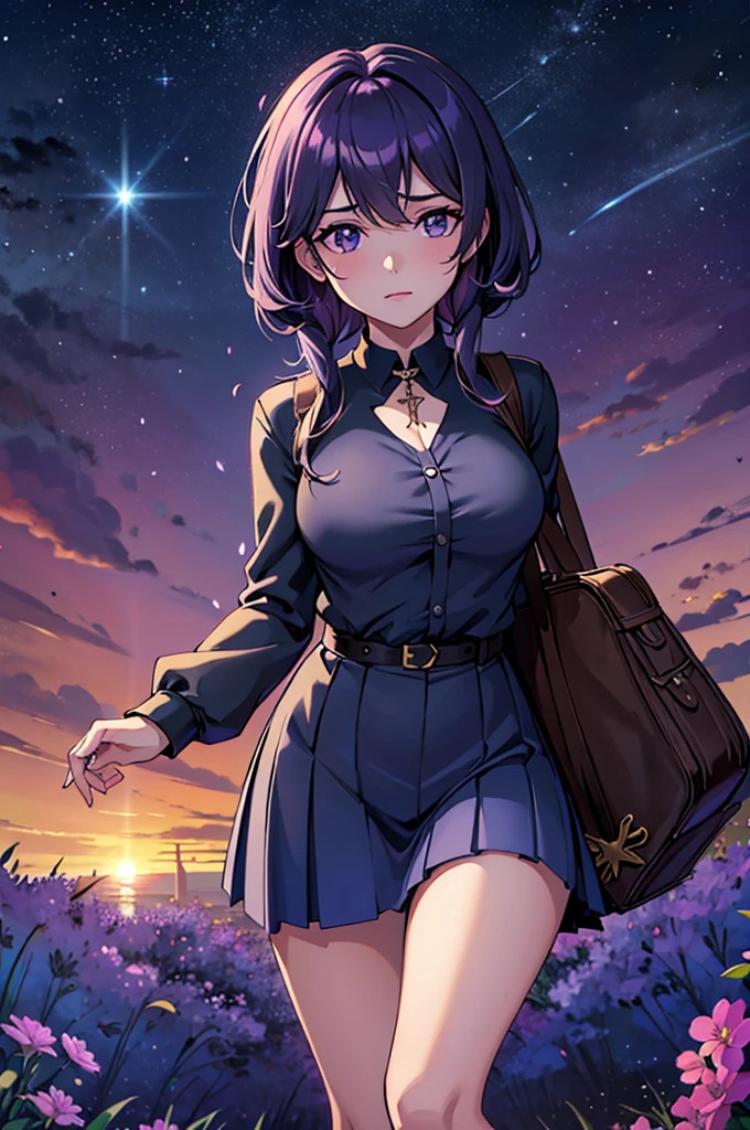 La mejor calidad, Obra maestra,插圖,1mujer, solamente, Uniforme escolar, Camisa blanca, falda negra, cabello claro, Cabello semilargo, Hermosa chica detallada, Ojos y cara extremadamente detallados, hermosos ojos detallados, bashful, natural_luci, resplandecer,NSFW, cielo limpio, Mirando al espectador, al aire libre, cielo nocturno, estrella (Cielo), Mocasines, medias negras, pajarita azul, Purple petals, Purple and blue flowers, pupila roja, Cinta azul,cana, Grueso_Muslos, senos grandes, escote abierto, ojos rojos