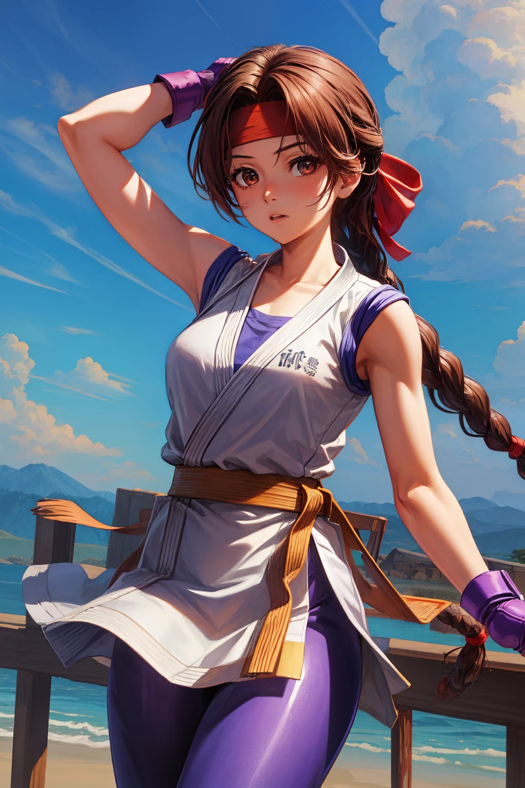 (masterpiece, best quality, high resolution, unity 8k wallpaper, extremely detailed CG:1), (illustration:1.0), 1girl,solo, yurims, headband, dougi, spandex, gloves,