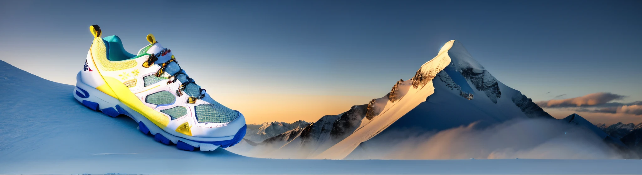 There is a shoe on the top of the snow mountain, peak experience ”, Wang Chen, new design, snowy mountain background,snowy peak, , banners, 5.6, summer 2016, commercial banner, wallpaper - 1 0 2 4, Inspired by Ding Yunpeng, stylishly,Shoes have accurate light and shadow perspective,In line with the aesthetics of modern people,the morning sun,Logical,Reasonable combination