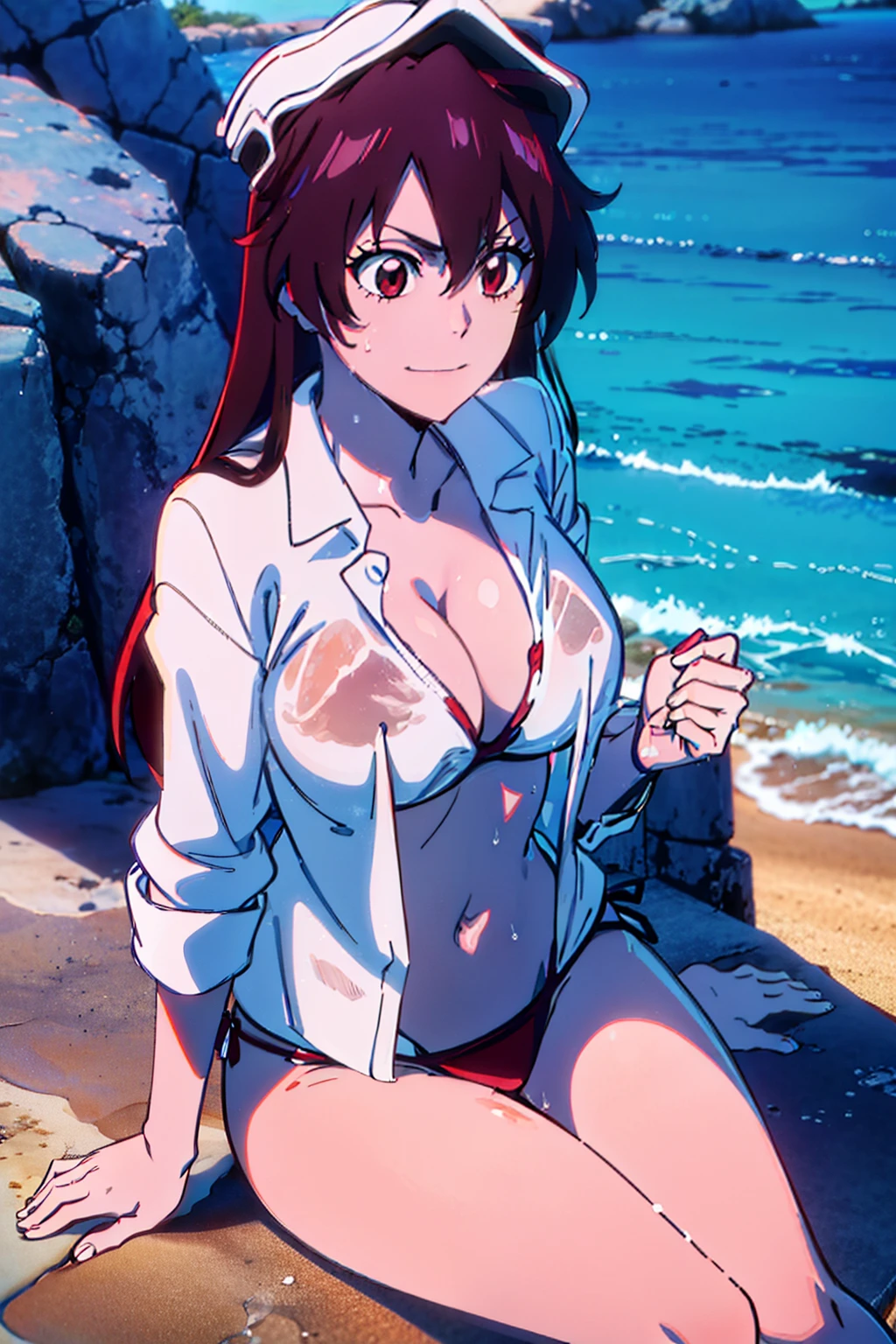 pov (from the front), Masterpiece, Best quality, bambietta basterbine, 1 girl, alone, dark reddish hair, bikini, white bra, white string thong, white shirt, wet shirt, open shirt, legs crossed, sitting, sitting in the sand, beach, sea, long_hair, closed mouth, big tits, looking at her own bikini tits, Smile,
