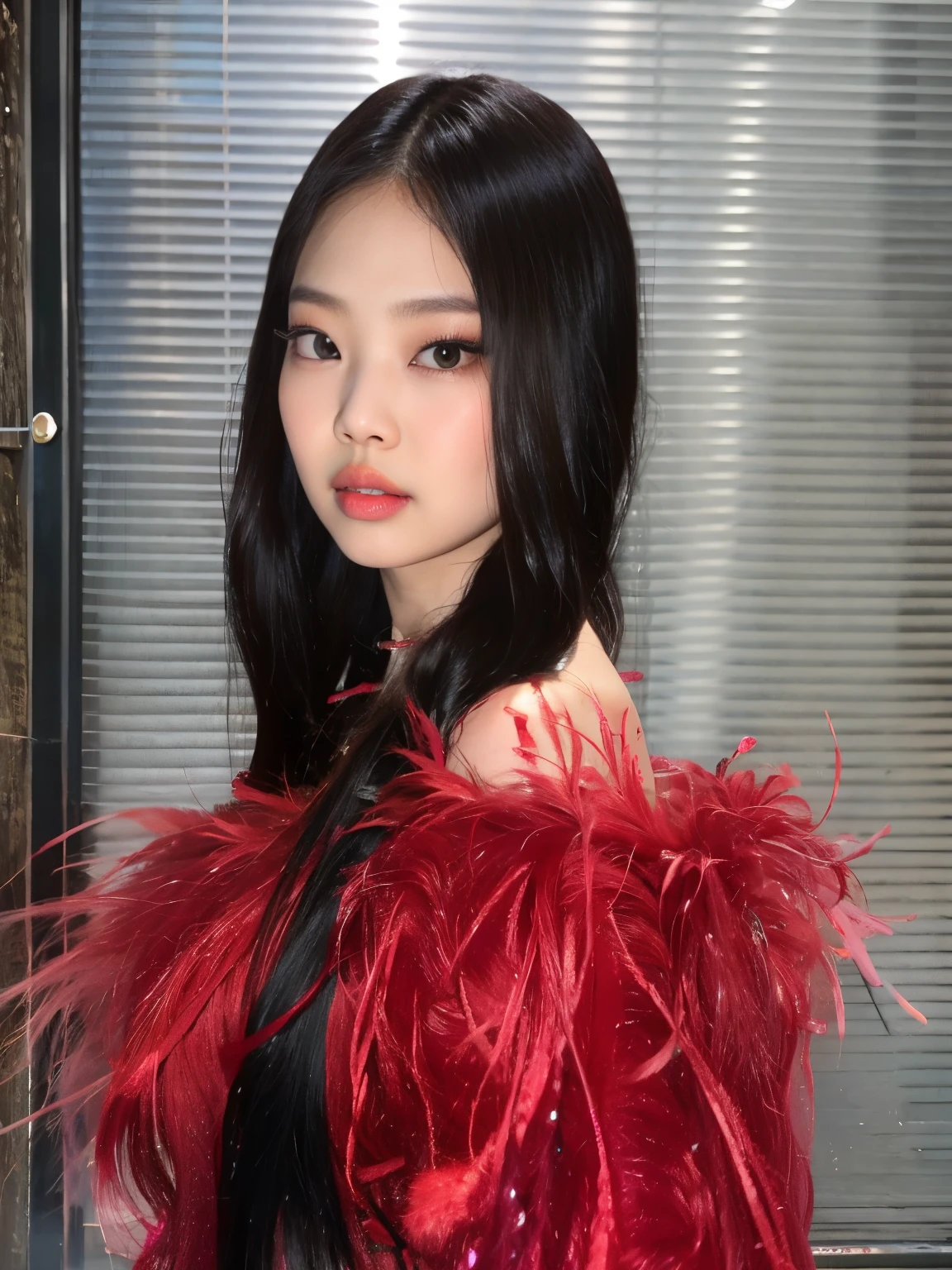 puffy Asian woman with long black hair and red feathered dress, jennie blackpink, Retrato de Jossi de Blackpink, Parque Roseanne do Blackpink, Gongbi, Xision Wu, jossi do blackpink, Lalisa Manobal, Jaeyeon Nam, Jinyoung Canela, Sui Ishida com cabelo preto, asian features, Lalisa Manoban do Blackpink, jennie blackpink