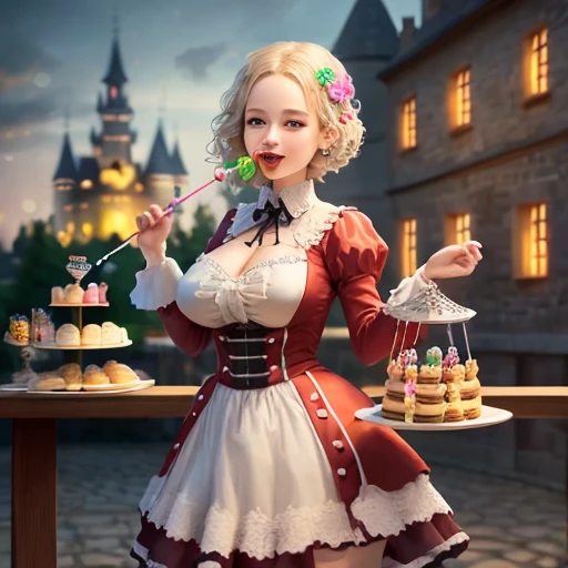 (masutepiece:1.2), (best quarity:1.2), (ultra-detailliert:1.2), Official art, Illustration, 1girl in,Happy, Solo, Full body, (Stand on the mini base:1.1025), (bokeh background, castle background:1.5), floating, a cake, macaroons, donut, Flutes and toys, tea set, (maximalism:0.9), gothic color, (spark of light:1.1), Cute , (()), (Have a lollipop), ((large breasts)), Girl on a plate ,Eyelashes,