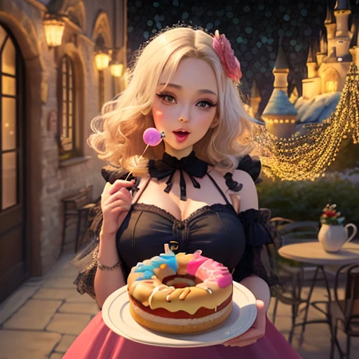 (masutepiece:1.2), (best quarity:1.2), (ultra-detailliert:1.2), Official art, Illustration, 1girl in,Happy, Solo, Full body, (Stand on the mini base:1.1025), (bokeh background, castle background:1.5), floating, a cake, macaroons, donut, Flutes and toys, tea set, (maximalism:0.9), gothic color, (spark of light:1.1), Cute , (()), (Have a lollipop), ((large breasts)), Girl on a plate ,Eyelashes,