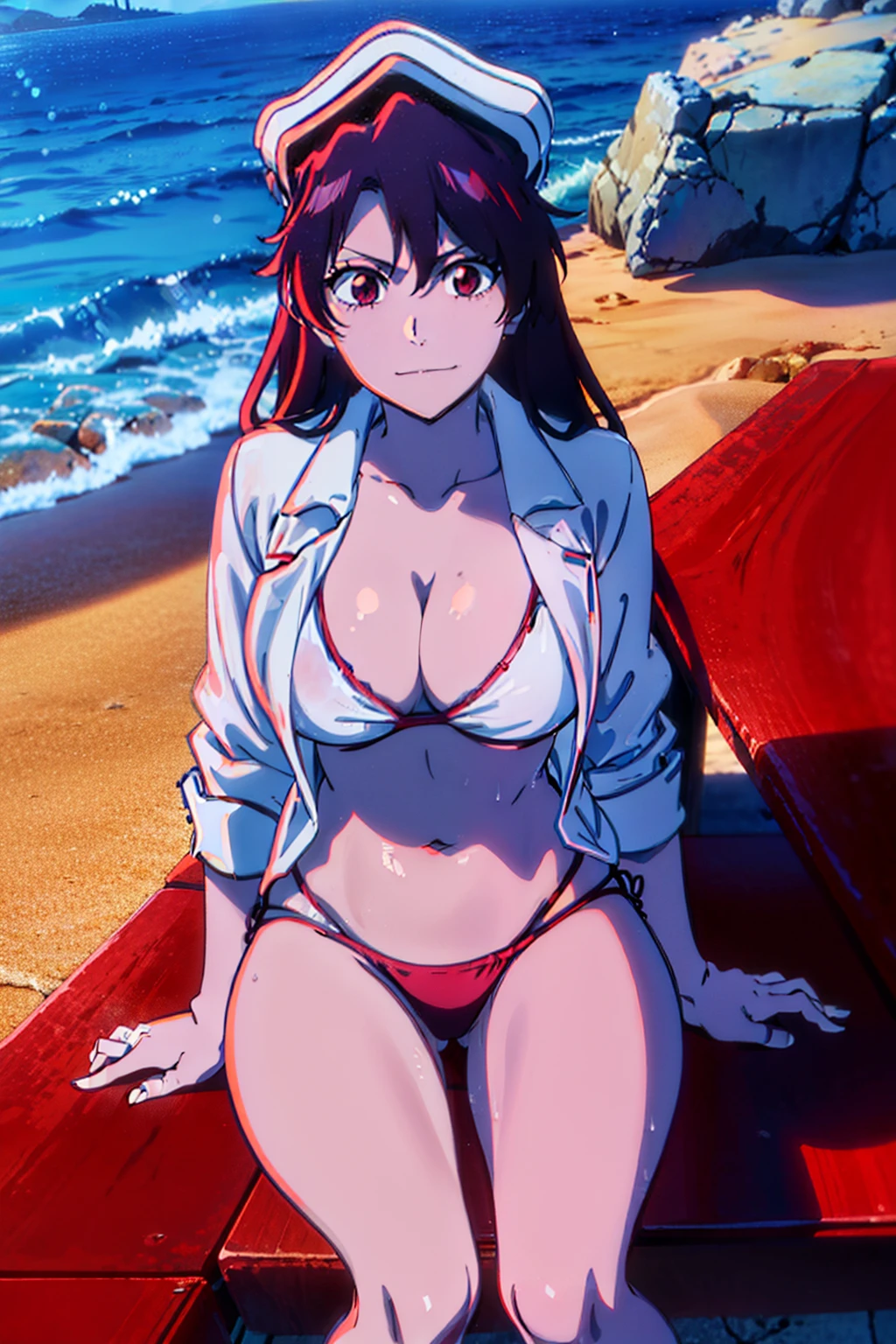 pov (from the front), Masterpiece, Best quality, bambietta basterbine, 1 girl, alone, dark reddish hair, bikini, white bra, white string thong, white shirt, wet shirt, open shirt, legs crossed, sitting, sitting in the sand, beach, sea, long_hair, closed mouth, big tits, looking at her own bikini tits, Smile,