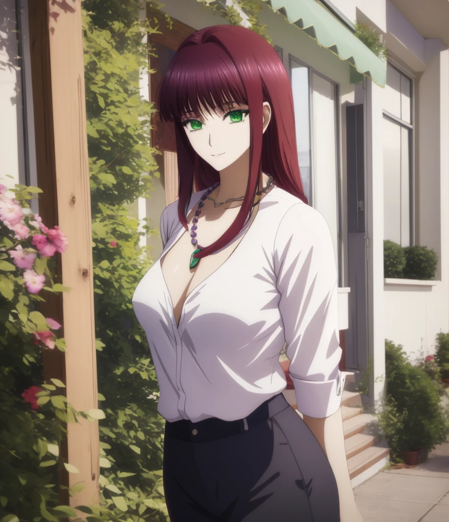 Connect UHD and 8K, hight resolution,Very detailed CG, High quality shadows, Detail Beautiful delicate face, Detail Beautiful delicate eyes,BREAK(Very detailed 8k wallpaper),(Highly detailed CG 8K wallpaper),Makima (chain saw man),Sukasaha (Fate/grand order),Shimohira Reihua ,Hi-Res,Very delicate and beautiful CG illustration,top-quality,Realistic skin feeling,Realistic fabric,Realistic texture,beautiful thigh,big breasts thin waist,(((masutepiece))), (((Best Quality))),8K,32K,​masterpiece,beautiful alluring anime woman,ultra-definition,ultra-detailliert,hight resolution,a hyperrealistic schoolgirl,masuter piece, Best Quality, High quality, High Definition, high quality texture, high quality shadow, high detailing,finely detail,1girl in,High school students,Solo,Soio,Only one person,Alone,One Person,tall,AS-Adult,Mature atmosphere,Leg length,neat and long legs,8 Head Body,stature:171cm,Mature girls,Reddish-purple hair,Reddish-purple hair,Purple hair,cassis colored hair,silky and smooth hair,Colorful hair,Straight hair,Smile,Smiling happily,lively expression,Cute smile,Cool Beauty,Beautuful Women,Neat face, Beautiful realism,Seductive look,Bewitching look,serene expressions,beautiful hairl,She wears a necklace around her neck,Necklace,bead necklace,magatama accessories,A slight smil,Colorful eyes,green colored eyes,Jade-colored eyes,beautidful eyes,Bright eye,Delicat eyes,Eyes Like Gems,Jade Eyes,Hanging eyes,(Green eyes:1.5),Seductive face,,Sleeveless,turtle neck,Sweaters,JINS,Blue Denim Mini Skirt,Women's Bags,Shoulder back,during daytime,Urban area,Walking,holiday,takeout,Bustling street,lo fashion,blue-sky,Building Street,Model photo,during daytime,Watching the viewer,Model photo,holiday,short sleeve outerwear,summer cardigan,anime illustrated,