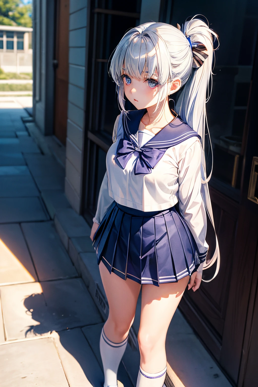 sailor school uniform,High ponytail,Bangs from temples to cheeks,Light blue hairstyle,Purple eyes,exquisite facial features,Exquisite hands,Anime wallpaper 8K,Beautiful painting style,Small Fresh,Full body photo,Genshin Impact anime characters,Exquisite two-dimensional light and shadow,Highest image quality,k hd,Adult daughter,long and flowing hair,exquisite lighting and shadows,the original god,anime,Light blue pick dye,jk student clothing,Smooth hair,a pretty girl,Pixiv Contest Winner,The bangs on the temples have small red striped bows.,Delicate eyes,Dark blue pleated skirt,Long white legs,Blue-white hair color,There is a blue and black bow on the ponytail,watery big eyes,White skin of the,exquisite satchel,Look up,Superskirt,White mid-tube socks,Small black leather shoes,quadratic element,cute big breasts