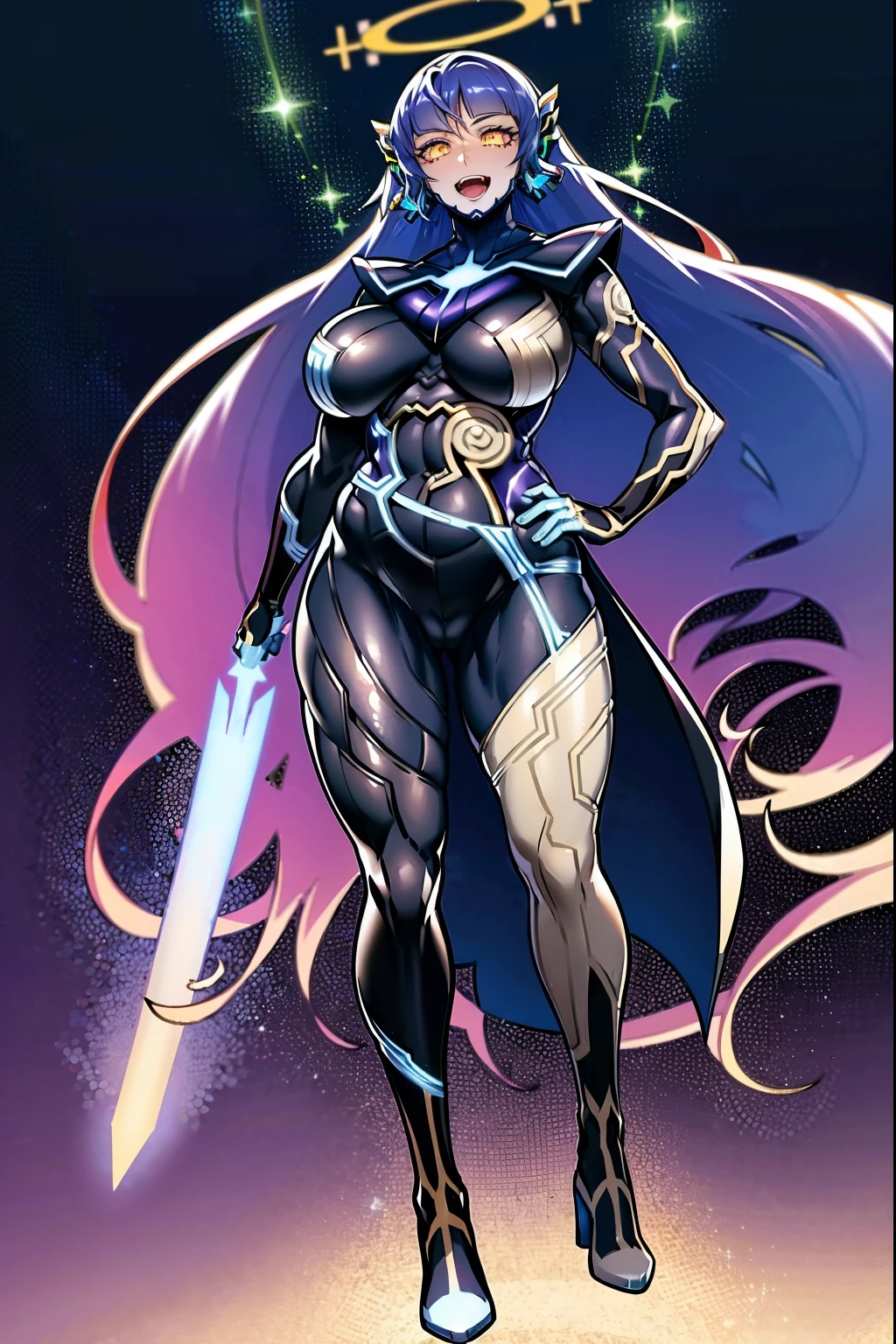 e,, holy magicalgirl, open mouth fang, holy haura, halo, smile, joyfull, paladin, sword holding, full body , boots, standing,cute,breast, curvy, female,fantasy goddess,there is a cartoon picture of a woman with a very large breast, glowing angelic being, glowing holy aura, inspired by Luma Rouge, the non-binary deity of spring, ethereal rainbow nimbus, the butterfly goddess of fire, inspired by Marie Angel, glowing aura around her, astral fairy, as the goddess of the sun, “uwu the prismatic person, big breast, happy, beautiful eyes, , full body, walking, long robe, long dress, ,priestess ,holy, smile, god rays, ray tracing, sparkle, cinematic lighting, UHD, retina, masterpiece, ccurate, anatomically correct, textured skin, super detail, high details, high quality, award winning, best quality, highres, 1080P, HD, 4K, thunder aura, light aura,full body suit, pullover, metal suit, covered chest