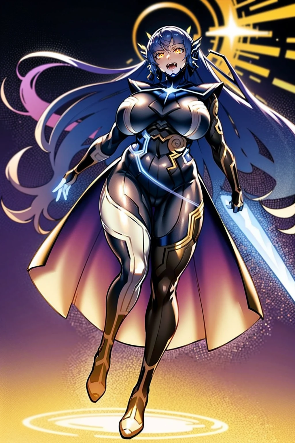 e,, holy magicalgirl, open mouth fang, holy haura, halo, smile, joyfull, paladin, sword holding, full body , boots, standing,cute,breast, curvy, female,fantasy goddess,there is a cartoon picture of a woman with a very large breast, glowing angelic being, glowing holy aura, inspired by Luma Rouge, the non-binary deity of spring, ethereal rainbow nimbus, the butterfly goddess of fire, inspired by Marie Angel, glowing aura around her, astral fairy, as the goddess of the sun, “uwu the prismatic person, big breast, happy, beautiful eyes, , full body, walking, long robe, long dress, ,priestess ,holy, smile, god rays, ray tracing, sparkle, cinematic lighting, UHD, retina, masterpiece, ccurate, anatomically correct, textured skin, super detail, high details, high quality, award winning, best quality, highres, 1080P, HD, 4K, thunder aura, light aura,full body suit, pullover, metal suit, covered chest