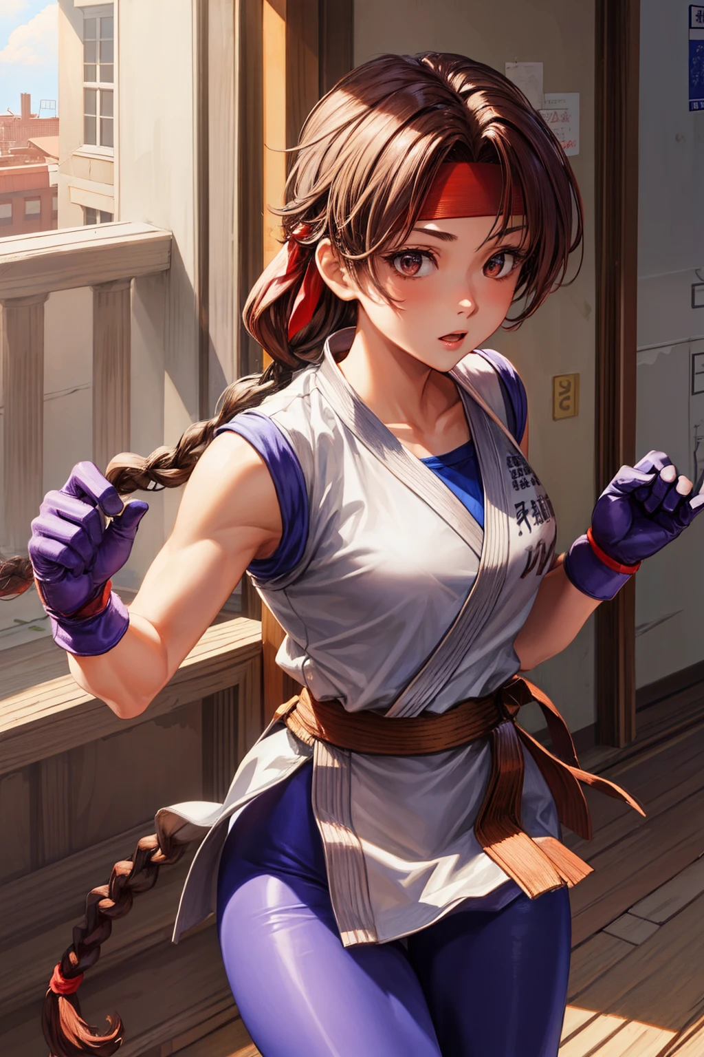 (masterpiece, best quality, high resolution, unity 8k wallpaper, extremely detailed CG:1), (illustration:1.0), 1girl,solo, yurims, headband, dougi, spandex, gloves,