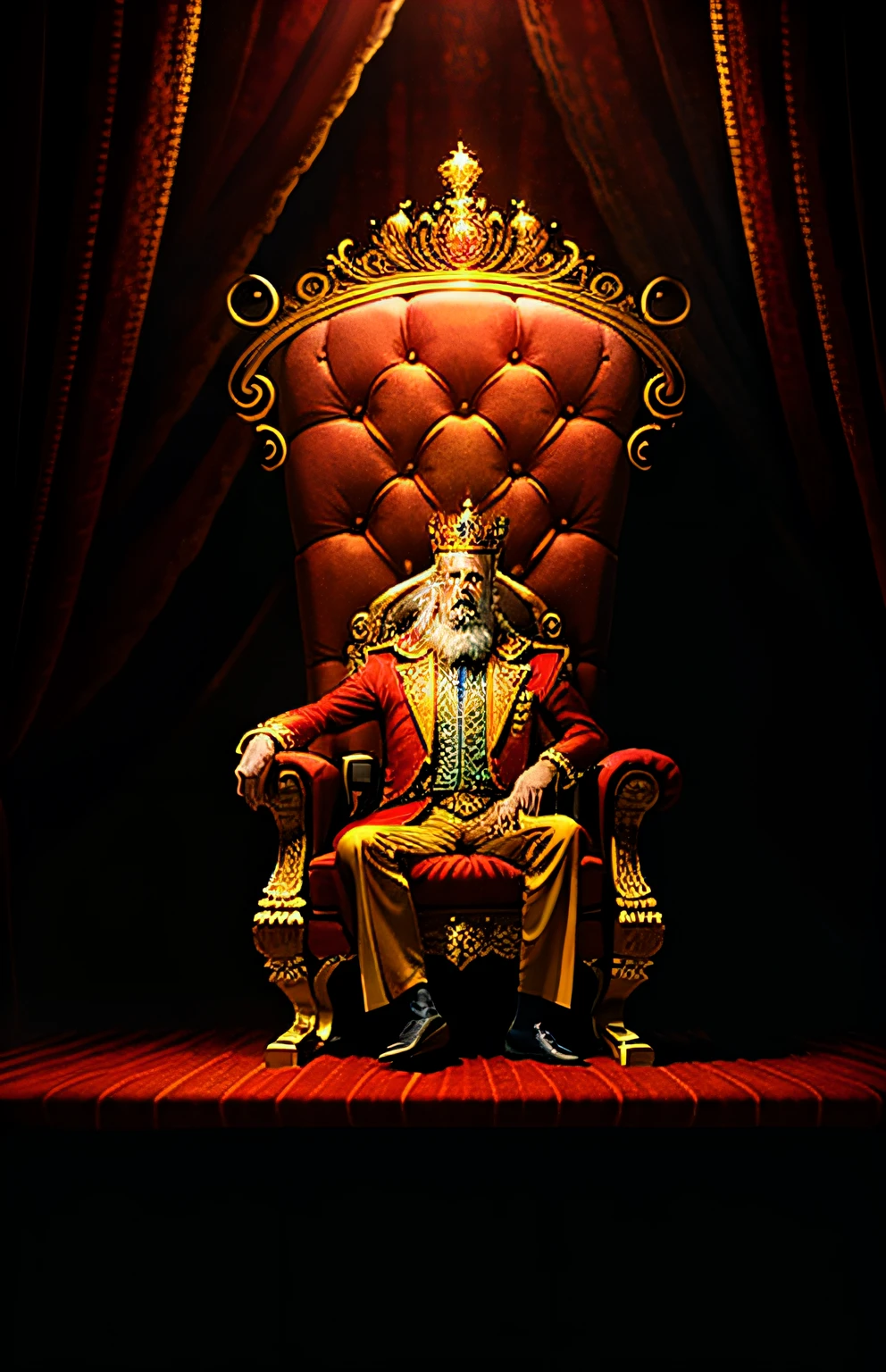 old King, elegantly dressed in western royal attire, Wise vibe, majestically seated on a golden and red throne, against a lavish royal wall backdrop, captured in a full body shot.