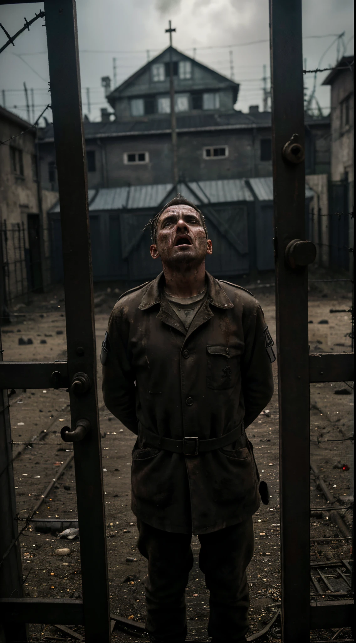 (a Jewish man being punished by a German soldier, World War II, in the background the Auschwitz ghetto)

(best quality,4k,8k,highres,masterpiece:1.2),ultra-detailed,(realistic,photorealistic,photo-realistic:1.37),haunting portrayal,emotive realism,dramatic lighting,black and white,war-torn,horror,emaciated individuals,desolation,pervasive despair,torturous expressions,barbed wire fences oppressive,gritty atmosphere,lack of hope,
shadows of suffering,painful history,captivity,human anguish,slaughtered innocence,Auschwitz gas chambers,Jewish identification badges,disturbing aura,restrained violence,historical dilemma,concentration camp horror.