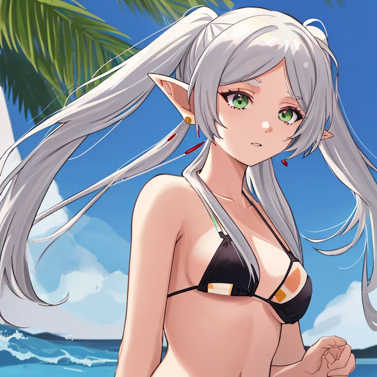Frieren, twintails, earrings, Bikini, white hair,