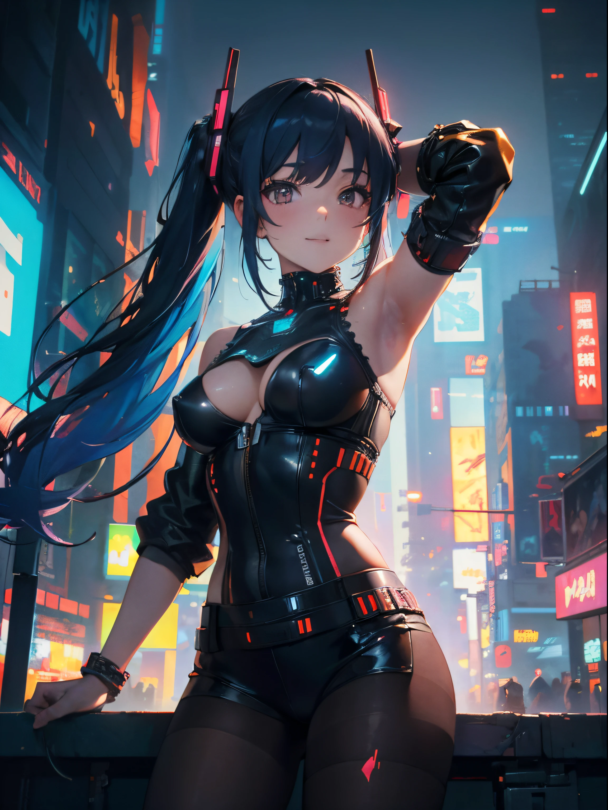 (Best Picture Quality, 4K, High Quality, Masterpiece:1.2), ((Masterpiece)), High Detail, High Quality, (HDR,16k, RAW Beautiful Girl Portrait, Best Picture Quality, Masterpiece:1.2), (Ultra-Definition Illustration), nsfw, (cyberpunk:1.4), city, extremely cute girl, wearing black & orange sexy cyber gear, sleeveless, detaced sleeve, blue hair, twintail long hair, pantyhose, armpits, evil smile