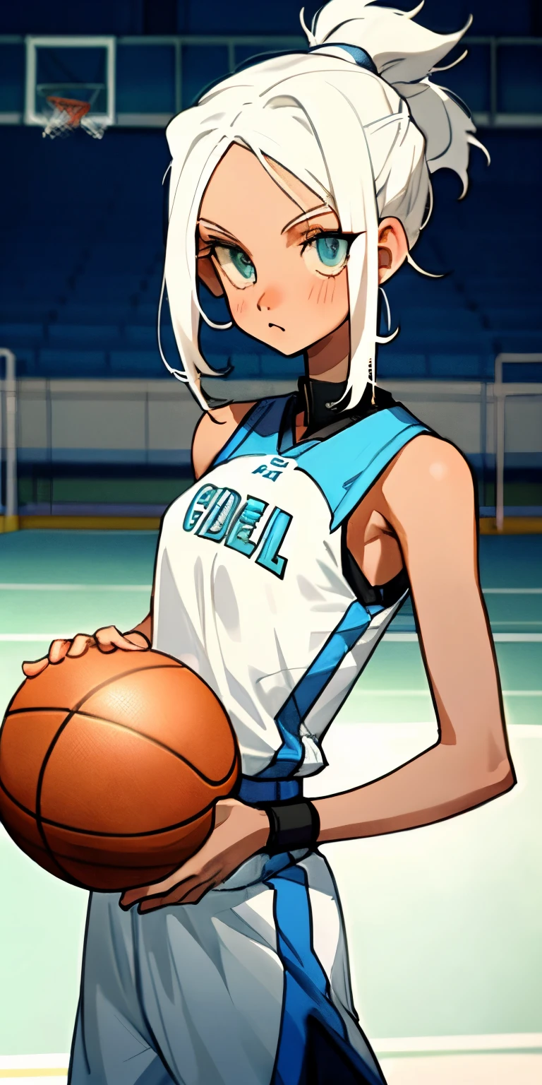 basketball player girl, white hair, sexy, slim, poser, tomboy, big chest, cool, basketball court background