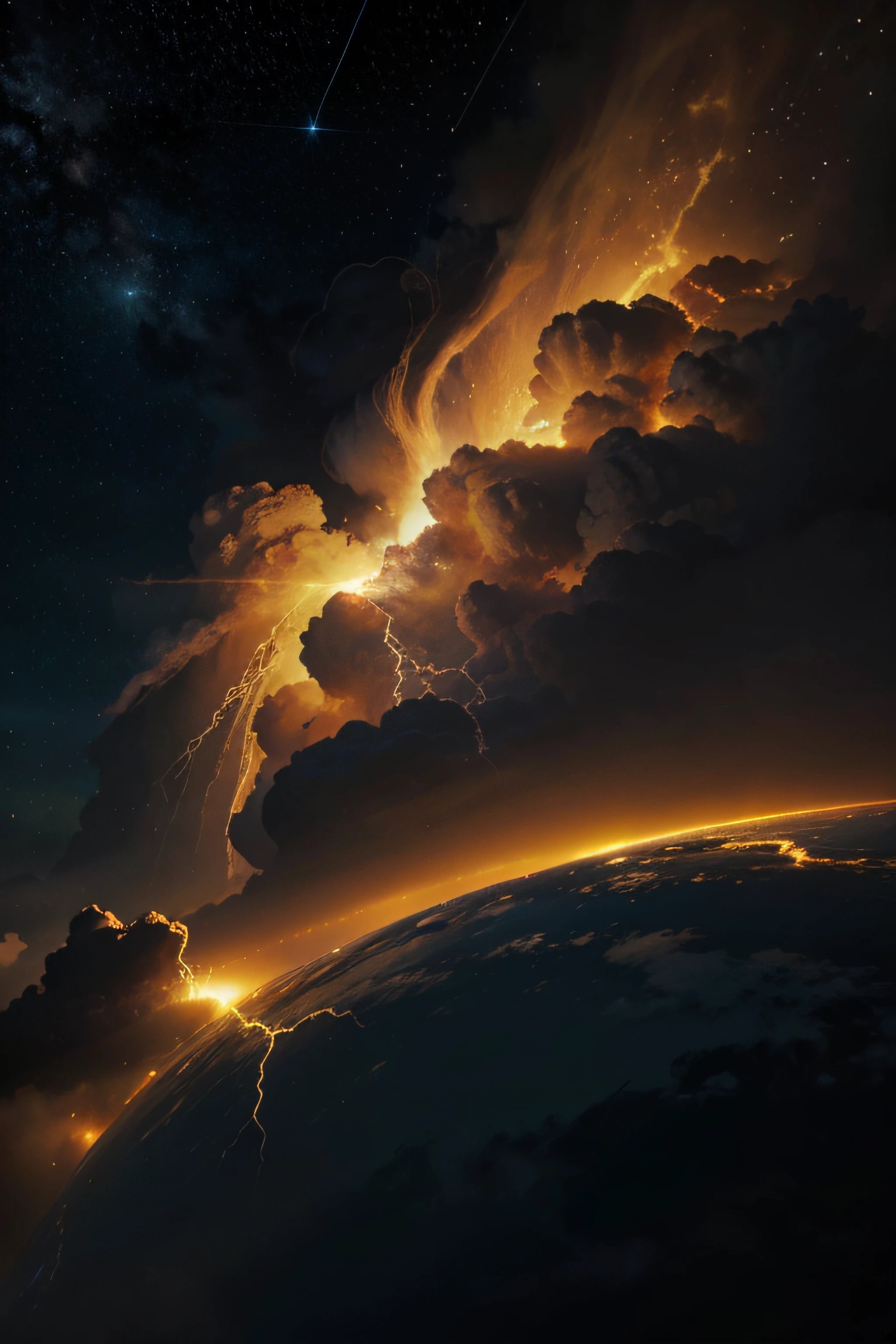 golden epic thunder storm background, with cosmic background, thunder