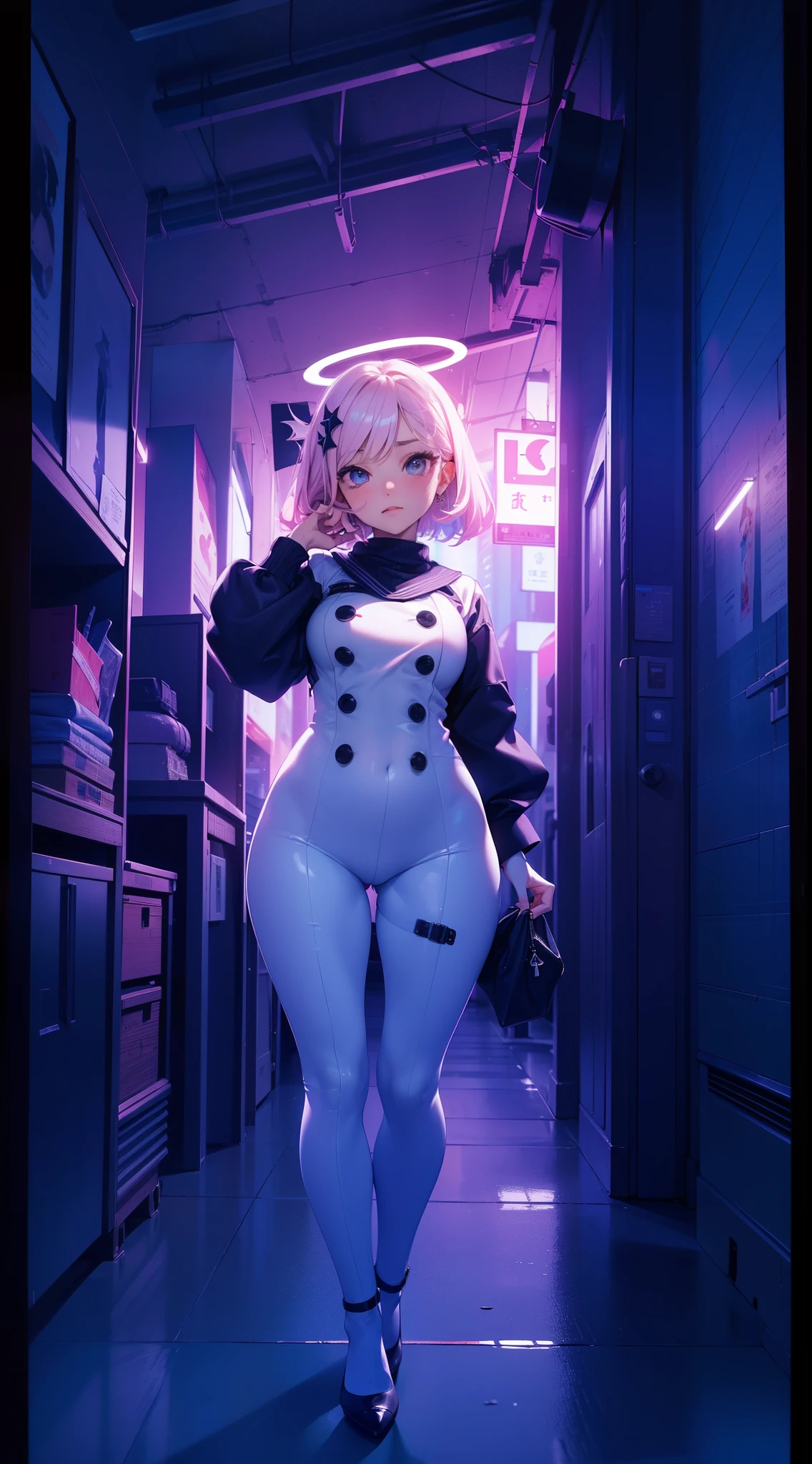 ((Masterpiece, Best)), (1girl), ((Trendy Girl)), Light Pink Hair, Halo, Horn, ((white Office Lady bodysuit)), Bangs, (Mid-breasted:1.4), (Plump), Slim, Trendy Clothing, Street Culture, ,More detailed 8K.motor irreal:1.4,UHD,La mejor calidad:1.4, fotorrealista:1.4, textura de la piel:1.4, obra maestra:1.8,obra-prima, mejor calidad,objeto Objeto], (detailed face features:1.3),manos detailed,(fondo ciudad Tokio noche nocturna:1.4),
