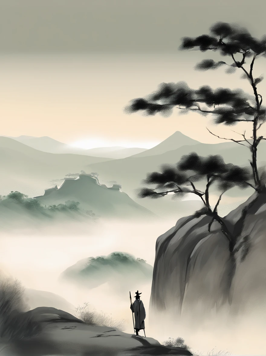 Chinese figure landscape painting,Ink painting and watercolor,Ancient figures,One guy,The scholar,Lao Tzu,disciple,ink,Faraway view,Ultra-wide viewing angle,meticuloso,Low saturation in distant view,low-contrast,Beautifully depicted,Acura,Works of masters,tmasterpiece