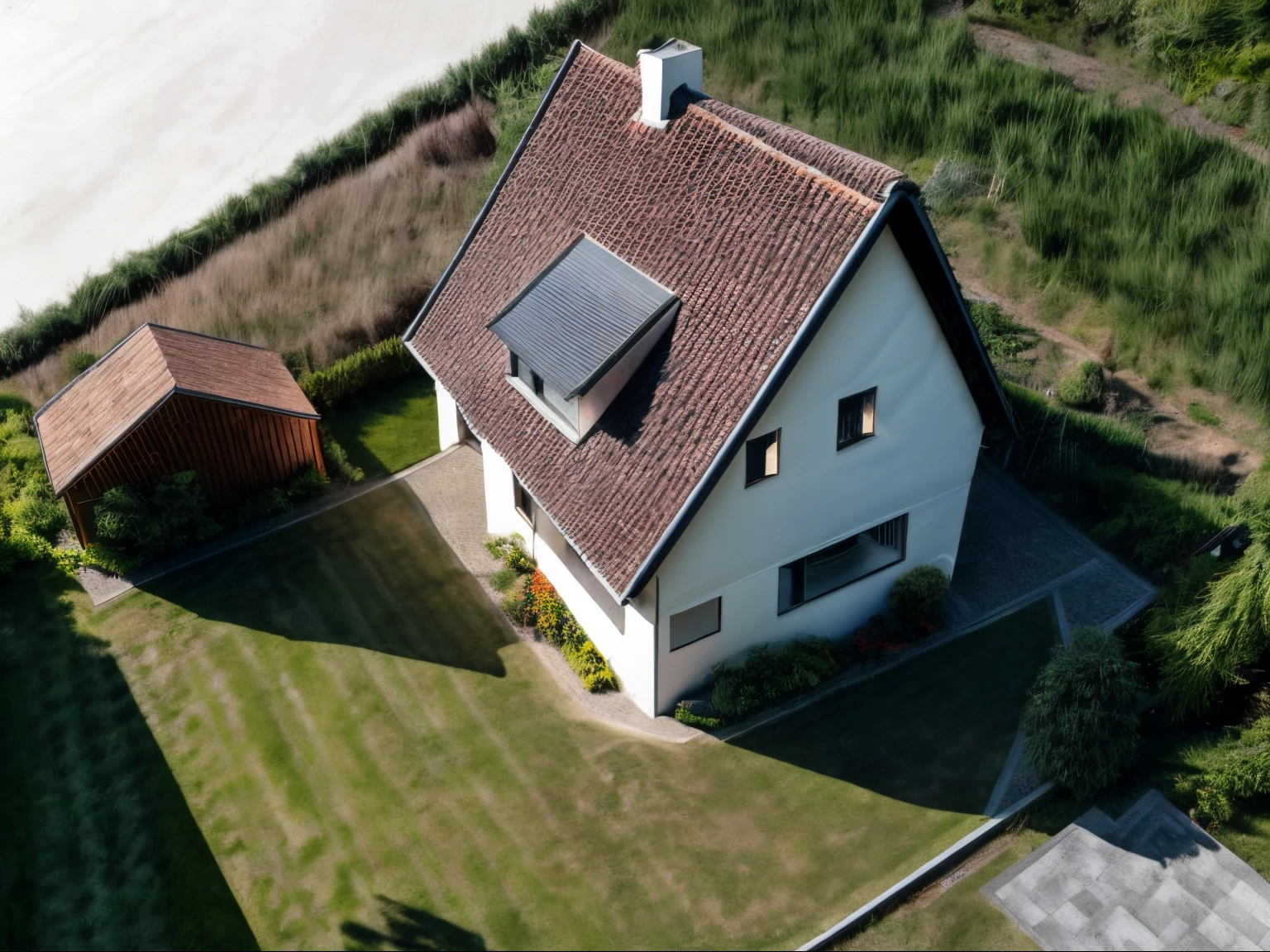 raw photo of realistic german house with garage, house in background, garage left in image, beautiful garden in front, complete clean new built house, excellent detail, nicely detailed, bushes near garage, lawn in front of house, Vegetable garden in front of image, field and woods in background behind house, red roof tiles, light limesandcolored plastered walls, Klinkerfundament, terrasse with only-3-stairs, nice garden, nice lawn, wooden windowframes, some lights in the garden, hard light at noon, summer, this house is luxury rennovated and for sale, sun shines from the left to the right. view to the north, mid day sun.