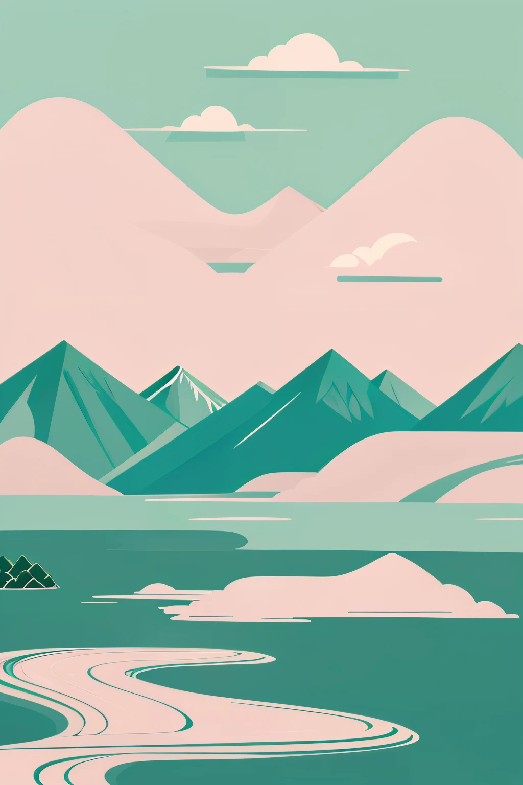 Paper-cut style Chinese illustration on white background,jade,mountain water,Auspicious clouds,Rich in detail,Super refined,Pink-green color,Flat illustration style