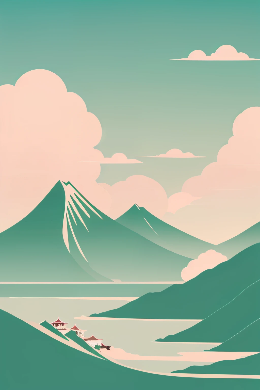 Paper-cut style Chinese illustration on white background,jade,mountain water,Auspicious clouds,Rich in detail,Super refined,Pink-green color,Flat illustration style