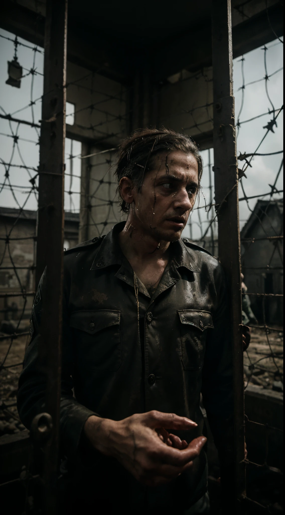 (a Jewish man being punished by a German soldier, World War II, in the background the Auschwitz ghetto)
(best quality,4k,8k,highres,masterpiece:1.2),ultra-detailed,(realistic,photorealistic,photo-realistic:1.37),haunting portrayal,emotive realism,dramatic lighting,black and white,war-torn,horror,emaciated individuals,desolation,pervasive despair,torturous expressions,barbed wire fences oppressive,gritty atmosphere,lack of hope,
shadows of suffering,painful history,captivity,human anguish,slaughtered innocence,Auschwitz gas chambers,Jewish identification badges,disturbing aura,restrained violence,historical dilemma,concentration camp horror.