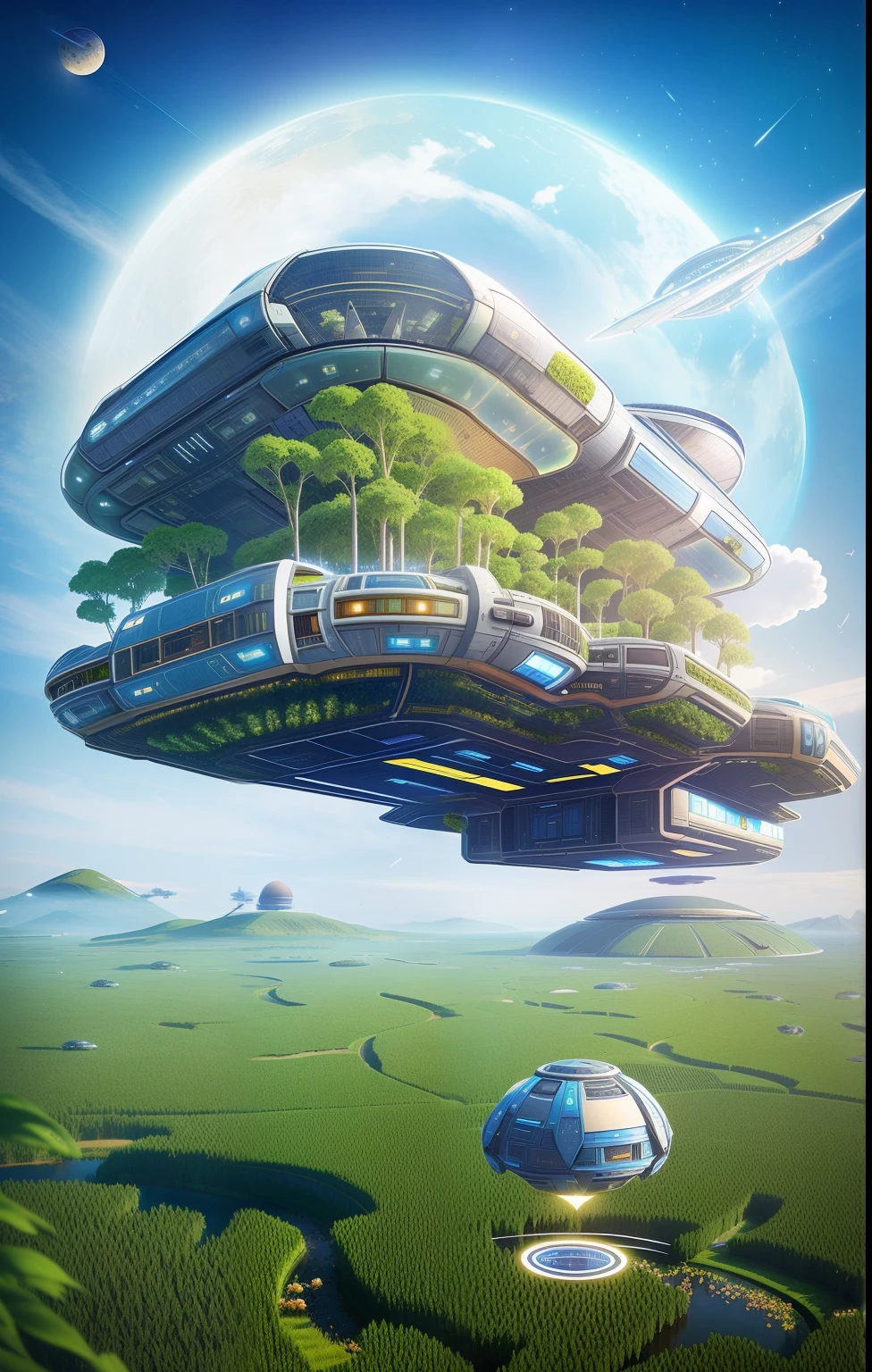 Spaceship flies over a field，There is a building in the background, lush garden spaceship, A city floating in the air, scifi farm, Solarpunk Bistro, inspired by Stephan Martiniere, Utopian sci-fi style, Beeple e Jean Giraud, A floating island in the sky, land floating in the clouds, inspired by Stephan Martiniere, spaceship above island