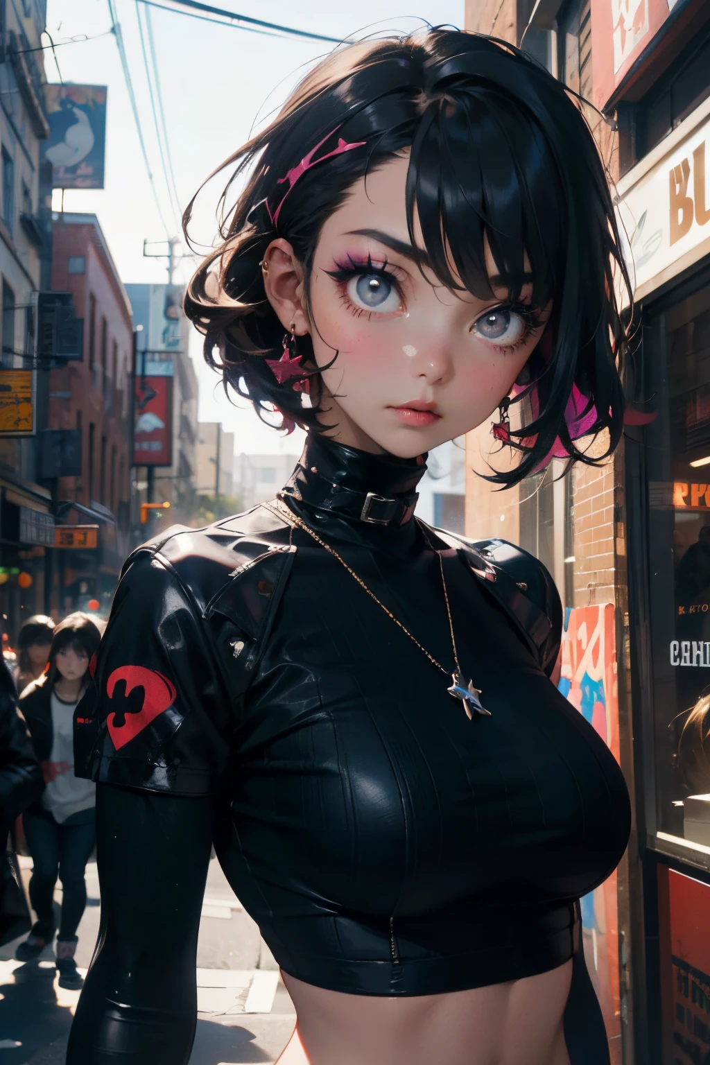 a 20 yo woman、A dark-haired、(hi-top fade:1.3)、dark themed、Muted Tones、Subdued Color、highly contrast、(natural skin textures、Hyper-Realism、Soft light、sharp)、(masterpiece:1.2, best quality), (real picture, intricate details), (1lady, solo, upper body, big tits)
Clothes: edgy, avant-garde, experimental
Appearance: shaved head or bold hair color, dramatic makeup, unconventional fashion choices
Behavior: rebellious, non-conformist, provocative
Location: urban art district, underground music scene
Hobbies: attending punk shows, creating mixed media art, experimenting with different subcultures
Values: individuality, authenticity, creative expression
Inspirations: punk rock music, counterculture icons, avant-garde art movements
Personality traits: bold, daring, unconventional.