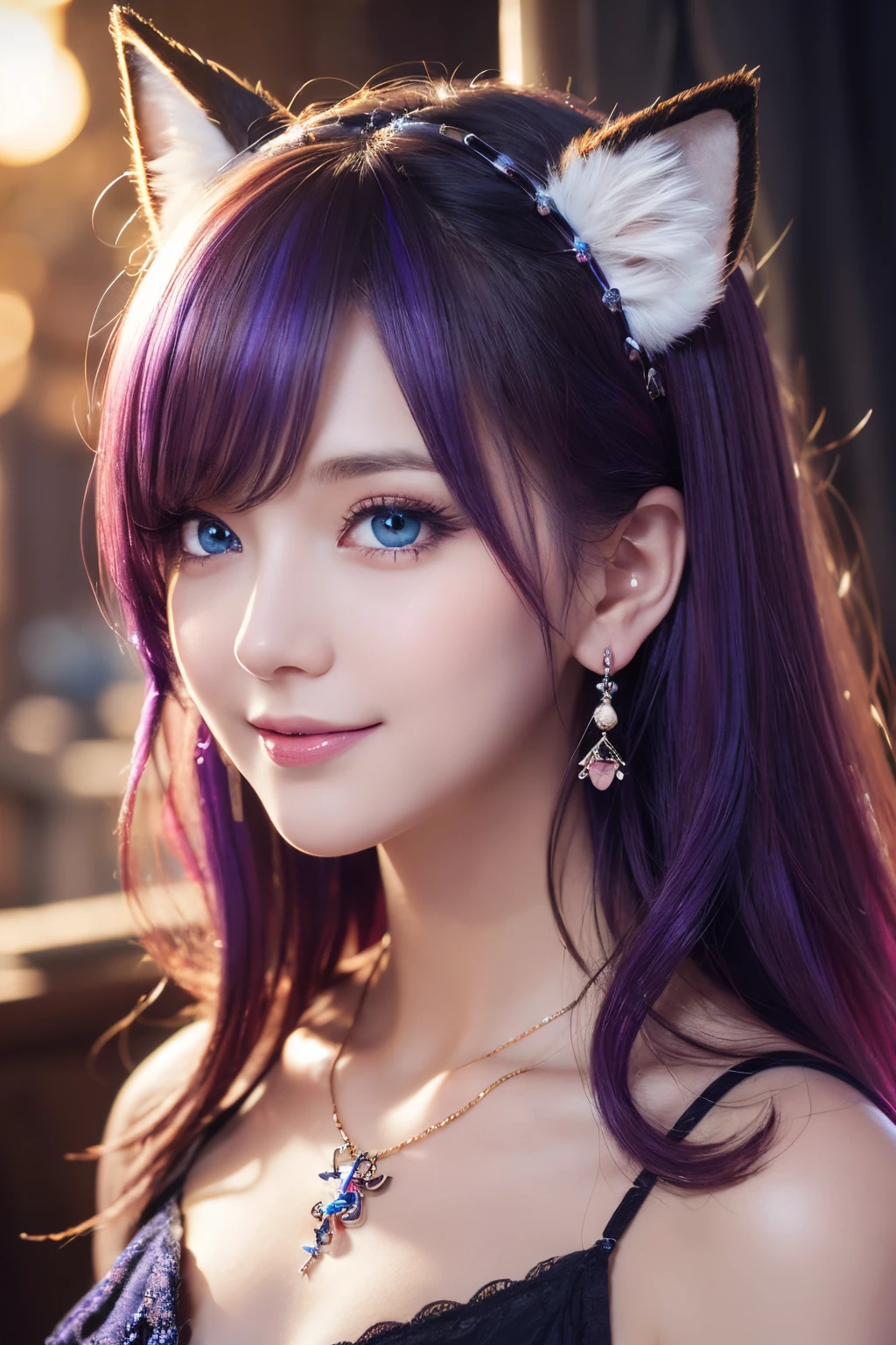 ((masterpiece)), ((best quality)), (ultra-detailed), ((kawaii)), cute, (lovely), ((extremely detailed)), 4K, (8K), best quality, (beautiful), illustration, dynamic angle, upper body, sacred place, a pretty woman, solo, witch, beautiful purple hair, beautiful blue eyes, ((beautiful eyes)), fox ears, hair ornaments, earrings, necklace, smile, luminous effect, shiny