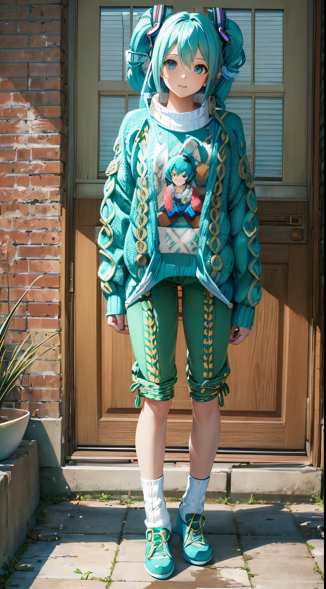 miku hatsune，((Sweaters & Knitwear:1.5)),frontage，is standing，tmasterpiece，Highest image quality