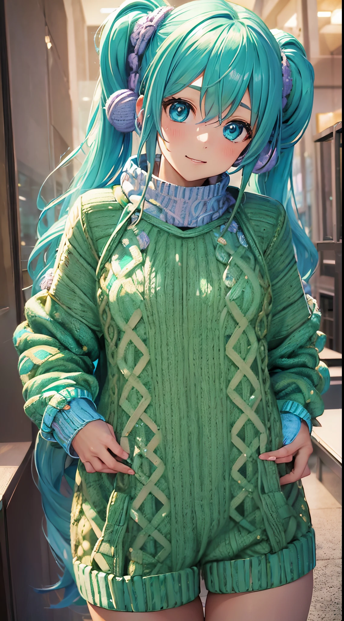 miku hatsune，((Sweaters & Knitwear:1.5)),frontage，is standing，tmasterpiece，Highest image quality