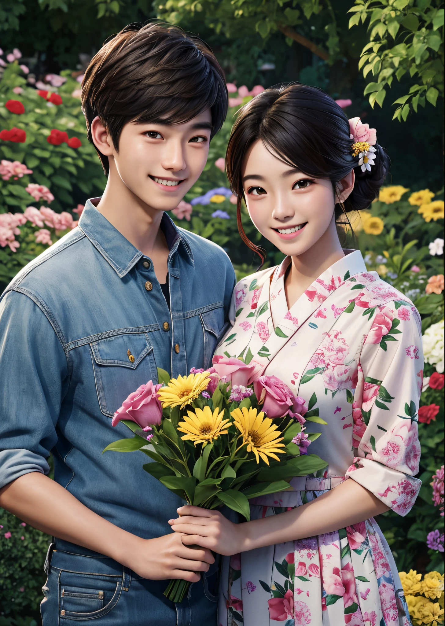 ((20 year old male and 18 year old female))、japanes、a couple、woman has a bouquet of flowers、Wear casual clothes、huge smile、In the flower garden、Commemorative photo、Perfect litthing、high-detail、high-level image quality、High color rendering、hight resolution、A hyper-realistic、photographrealistic