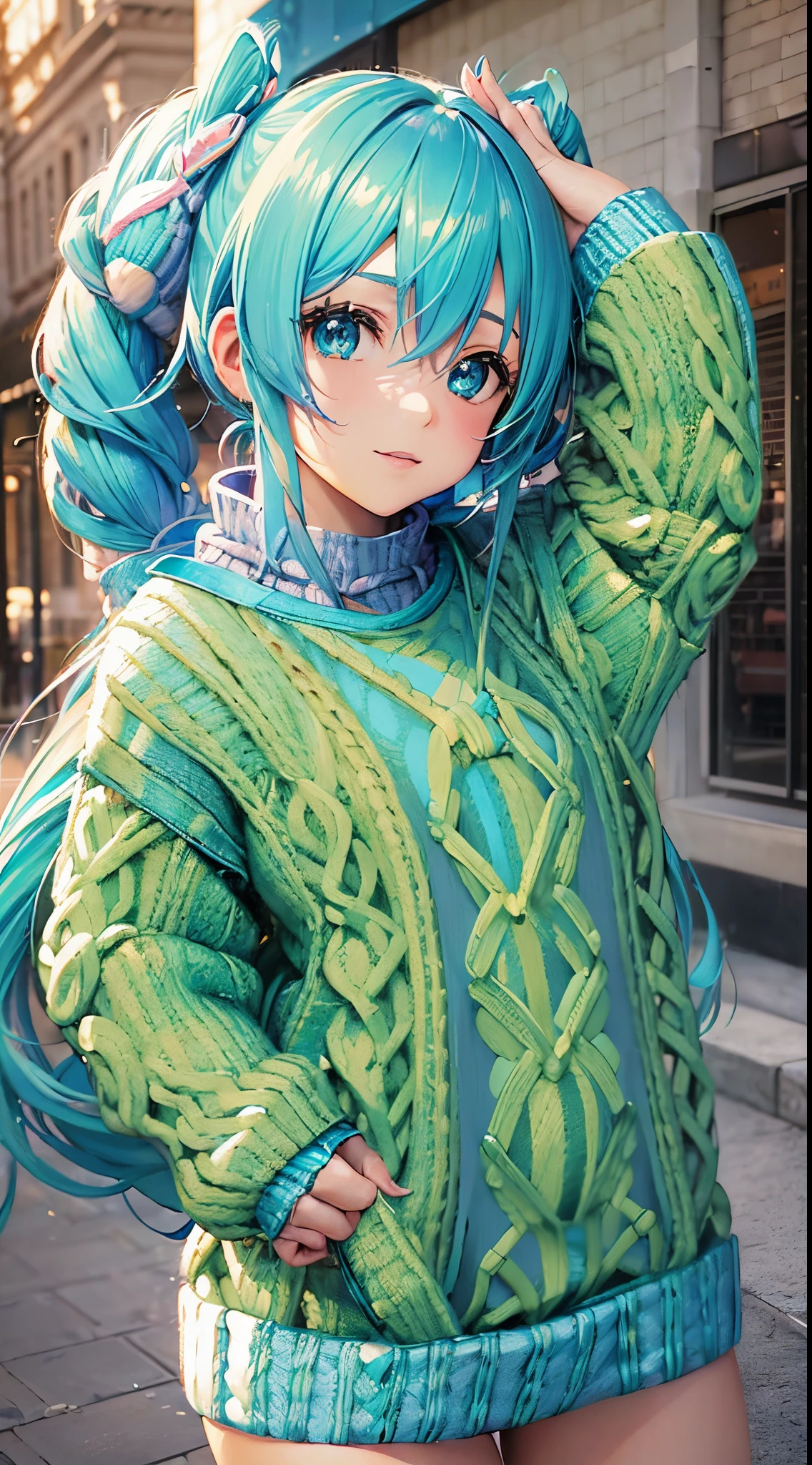 miku hatsune，((Sweaters & Knitwear:1.5)),frontage，is standing，tmasterpiece，Highest image quality