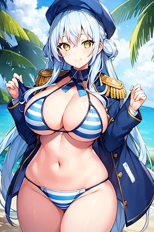 1girl, blue hair, large breasts, thick thighs, wide hips, blue jacket, yellow eyes, white hair, horizontal stripes, striped bikini, smile, happy, light smile, long hair, open jacket, bikini, 2d, anime style, anime screencap, Epaulettes