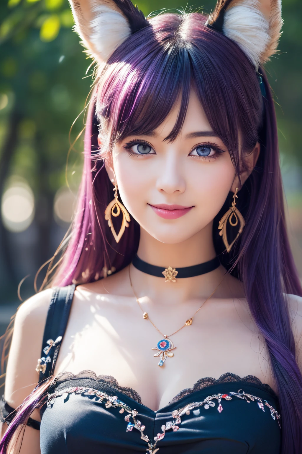 ((masterpiece)), ((best quality)), (ultra-detailed), ((kawaii)), cute, (lovely), ((extremely detailed)), 4K, (8K), best quality, (beautiful), illustration, dynamic angle, upper body, sacred place, a pretty woman, solo, witch, beautiful purple hair, beautiful blue eyes, ((beautiful eyes)), fox ears, hair ornaments, earrings, necklace, smile, luminous effect, shiny