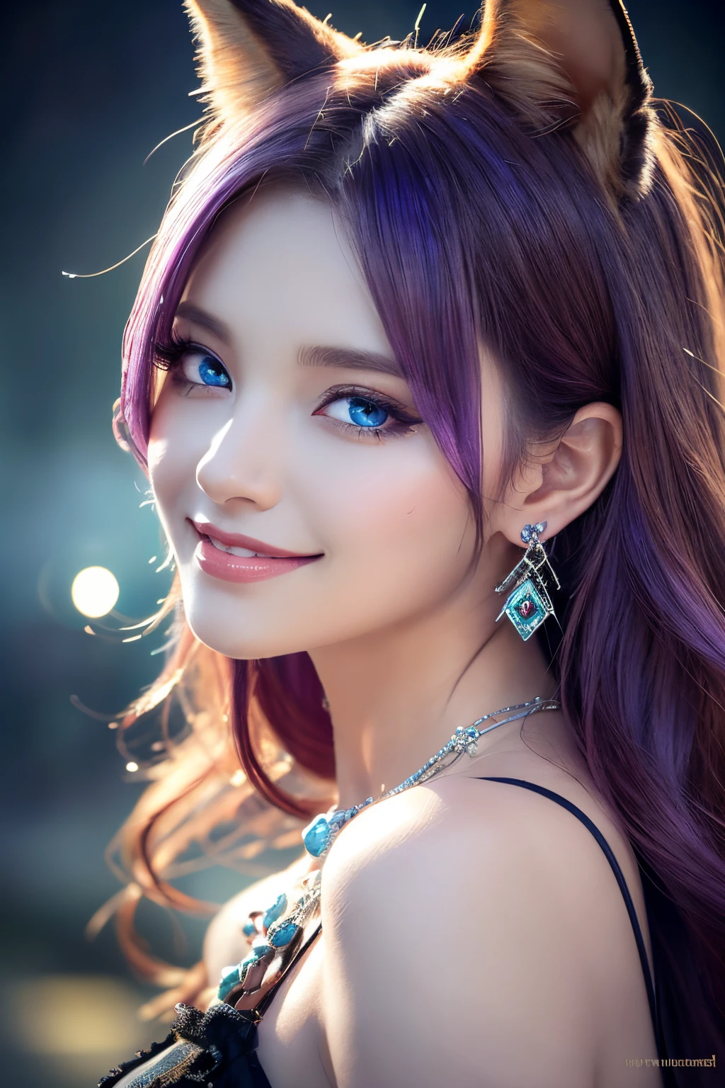((masterpiece)), ((best quality)), (ultra-detailed), ((kawaii)), cute, (lovely), ((extremely detailed)), 4K, (8K), best quality, (beautiful), illustration, dynamic angle, Cowboy Shot, sacred place, a pretty woman, solo, witch, beautiful purple hair, beautiful blue eyes, ((beautiful eyes)), fox ears, hair ornaments, earrings, necklace, smile, luminous effect, shiny
