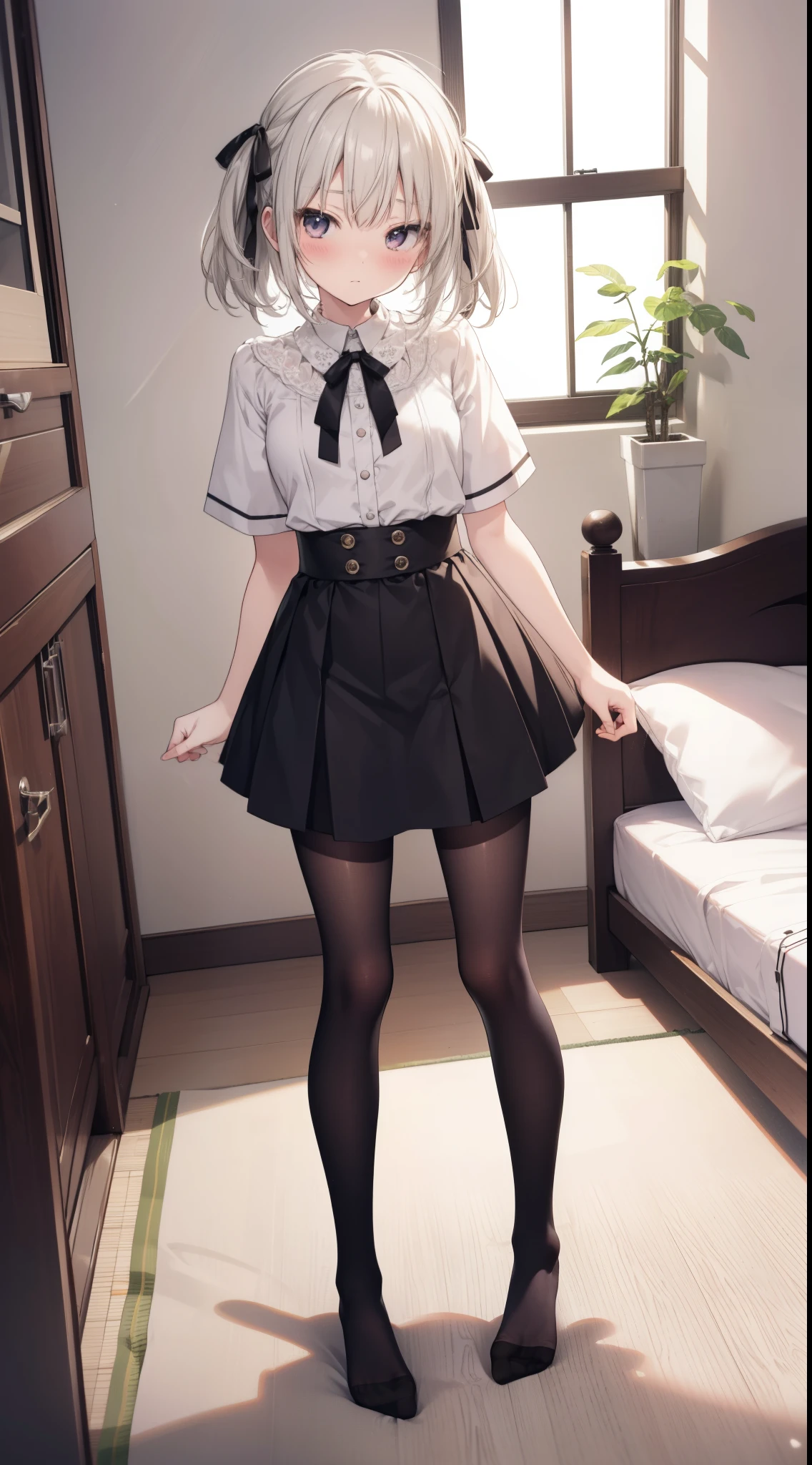 kasugano　arched、Japanese  girl with slim body、独奏、Full body portrait from head to toe、Portrait composition from above、small tits、length hair、red blush、Embarrassed look、White short-sleeved blouse、Black pantyhose、Black tights、Black pantyhose、Black Knee High Socks、white  panties、No shoes on、Pose with your hands hidden behind your back、lying on the bed、White panties are visible、Bedrooms、inside in room、during daytime