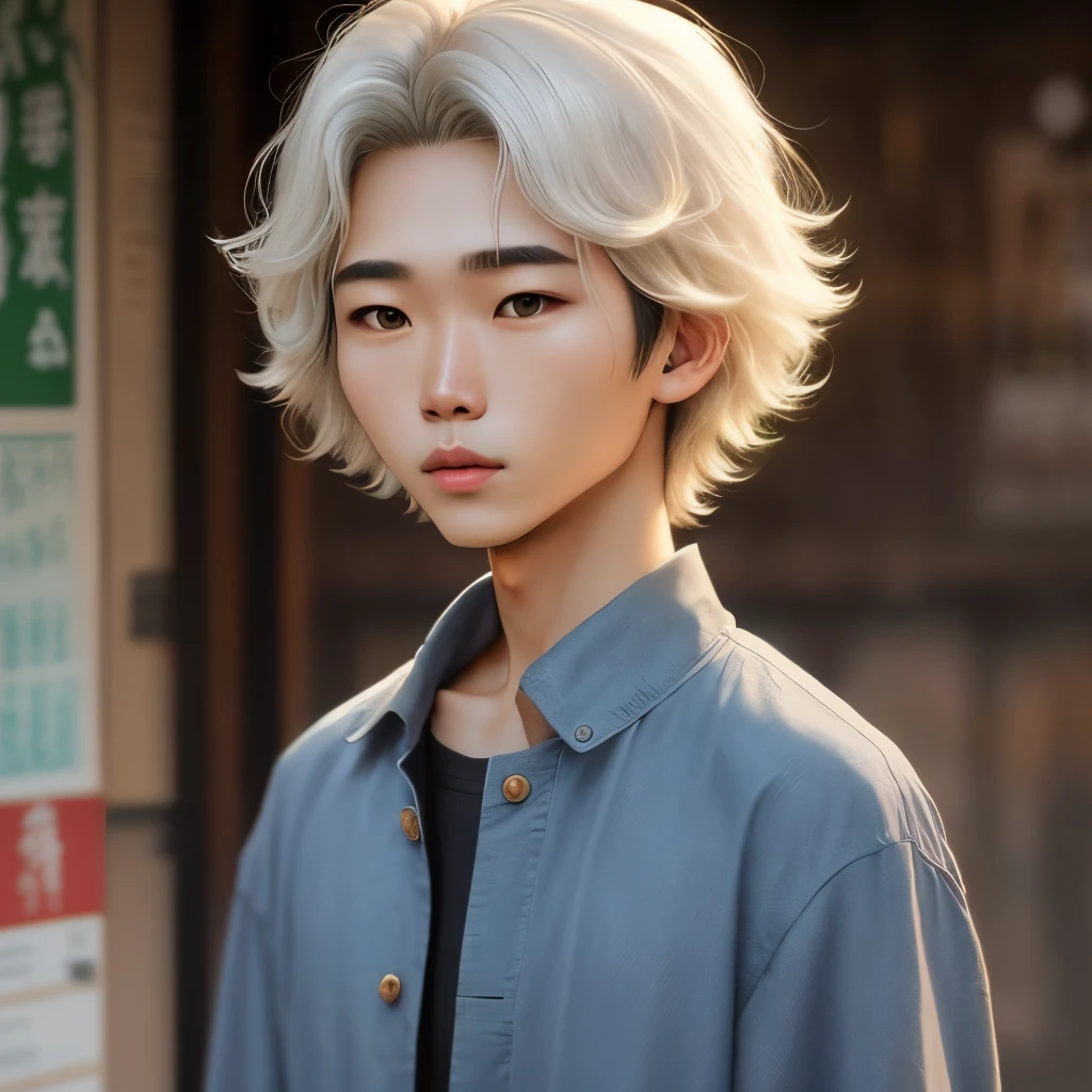 Jovem de 19 anos, cabelos PRETOS e CURTOS, olhos azuis, cicatriz no nariz, vestido com uma camisa branca, uma jaqueta sobretudo azul escuro. Anime Asian Descent