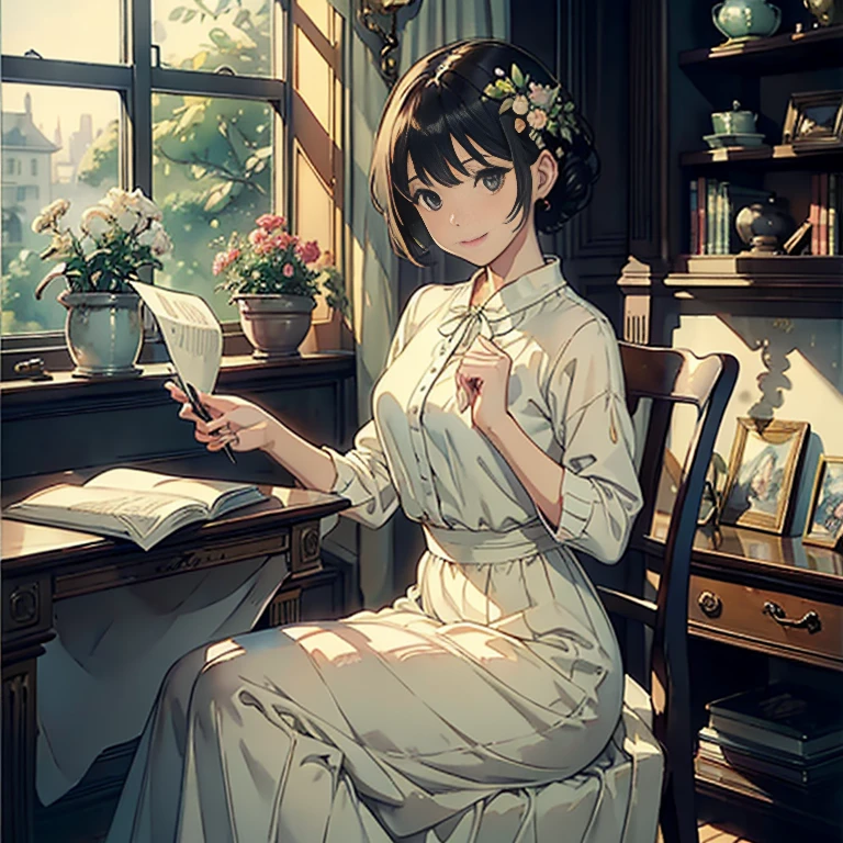 (top-quality、masterpiece)、超A high resolution、high-detail、(Watercolor in Sargent style)、(David Hamilton Style)、(softfocus)、Cinema Angle、ciinematic light、Soft light、Teacher's Office, morning sunlight, Highly detailed, Classical literature, bookcase, Antique Desk,Vintage aesthetics, Academic atmosphere, academic, Oak wood, Elegant patterns, Art deco,(One lady)、美丽的面容、kindly smile、tiny chest、Dark brown shorthair、Bunching hair、White blouses、long skirt、hold one book below's arm、Perfect hands、Traditional atmosphere、Lush green environment、Flowers on the windowsill、houseplant、