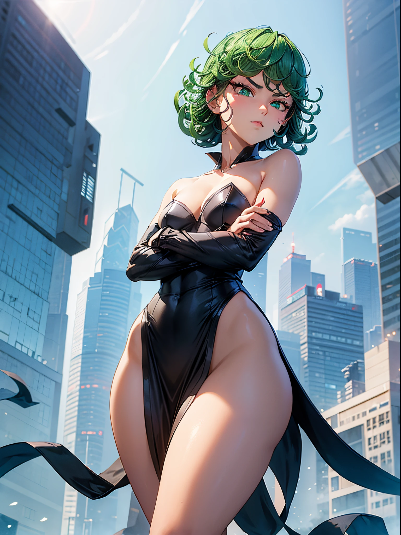 1girl, short green hair, green eyes, ((black strapless dress, standing, crossed arms, thighs focus, smug, in Hong Kong Monster Building)), curvy figure, blush, day 

BREAK 

(((Masterpiece))), ((Highly detailed character)), ((perfect eyes)), ((perfect face)), ((best quality)), ((perfect hands)), high resolution, highly detailed image, thick thighs 

BREAK 

Beautiful background, volumetric lighting,