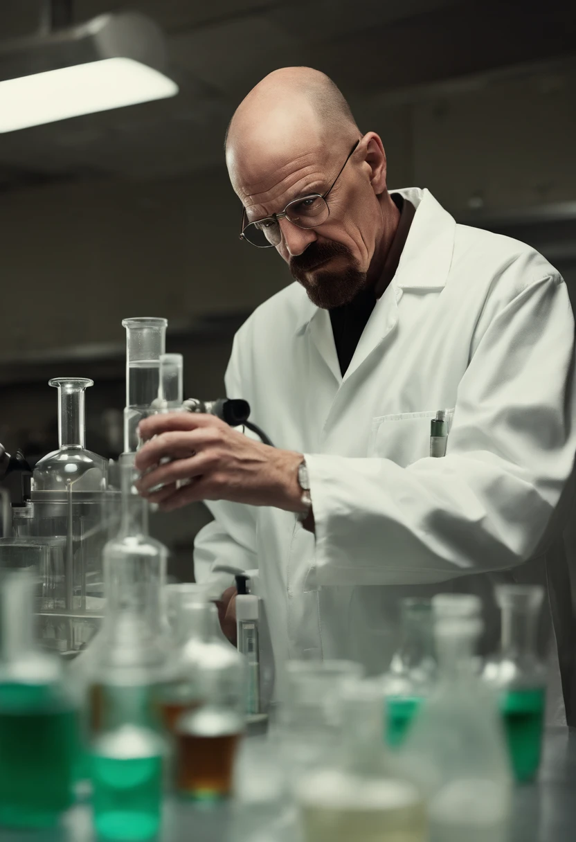 A photo of Walter mixing chemicals in the lab, with a look of intense concentration on his face.,Breaking Bad,Walter White, the central character of “Breaking Bad,” undergoes a dramatic transformation in appearance: from a meek, unassuming high school chemistry teacher with a mustache and glasses, to the bald, bearded figure known as “Heisenberg,” exuding menace and authority. His wardrobe shift from nondescript, muted clothing to darker, more assertive attire mirrors his descent into the criminal world.