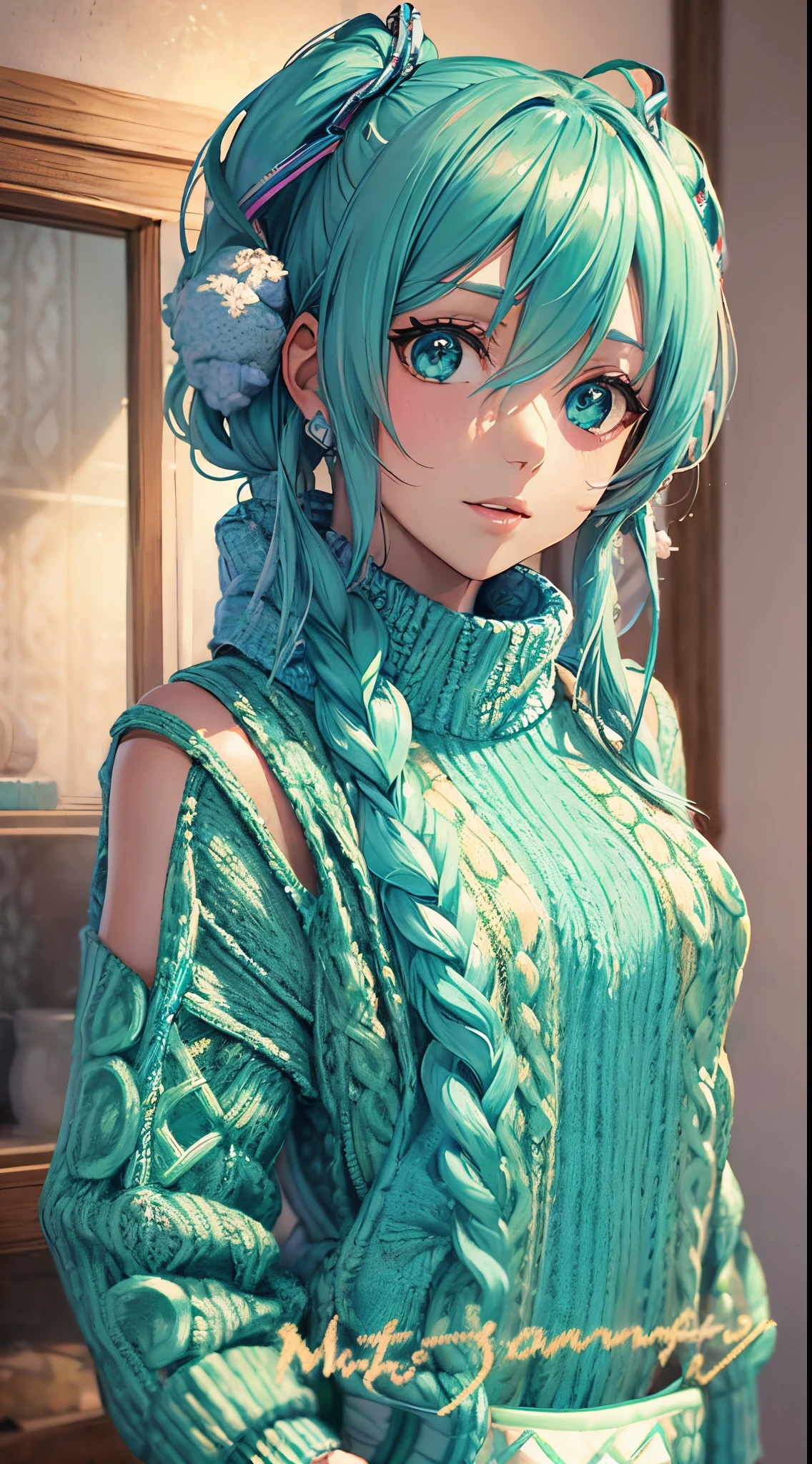 Big breasts Hatsune Miku，((Sweaters & Knitwear:1.5)),frontage，is standing，tmasterpiece，Highest image quality