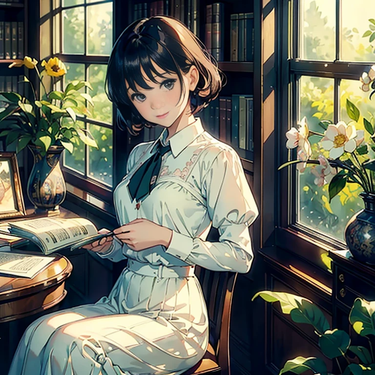 (top-quality、masterpiece)、超A high resolution、high-detail、(Watercolor in Sargent style)、(David Hamilton Style)、(softfocus)、Cinema Angle、ciinematic light、Soft light、Teacher's Office, morning sunlight, Highly detailed, Classical literature, bookcase, Antique Desk,Vintage aesthetics, Academic atmosphere, academic, Oak wood, Elegant patterns, Art deco,(One lady)、美丽的面容、kindly smile、tiny chest、Dark brown shorthair、Bunching hair、White blouses、long skirt、Having a book、Perfect hands、Traditional atmosphere、Lush green environment、Flowers on the windowsill、houseplant、