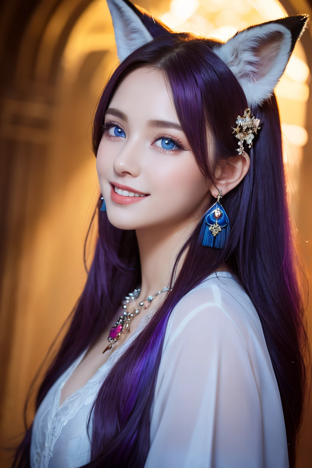 ((masterpiece)), ((best quality)), (ultra-detailed), ((kawaii)), cute, (lovely), ((extremely detailed)), 4K, (8K), best quality, (beautiful), illustration, dynamic angle, (Cowboy Shot:1.3), sacred place, a pretty woman, solo, witch, beautiful purple hair, beautiful blue eyes, ((beautiful eyes)), (fox ears:1.2), hair ornaments, earrings, necklace, smile, luminous effect, shiny