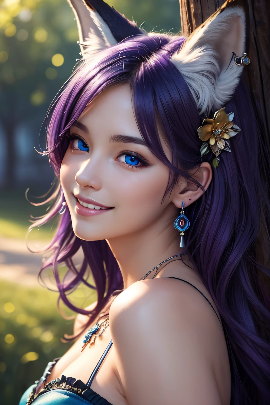 ((masterpiece)), ((best quality)), (ultra-detailed), ((kawaii)), cute, (lovely), ((extremely detailed)), 4K, (8K), best quality, (beautiful), illustration, dynamic angle, (Cowboy Shot:1.3), sacred place, a pretty woman, solo, witch, beautiful purple hair, beautiful blue eyes, ((beautiful eyes)), (fox ears:1.2), hair ornaments, earrings, necklace, smile, luminous effect, shiny